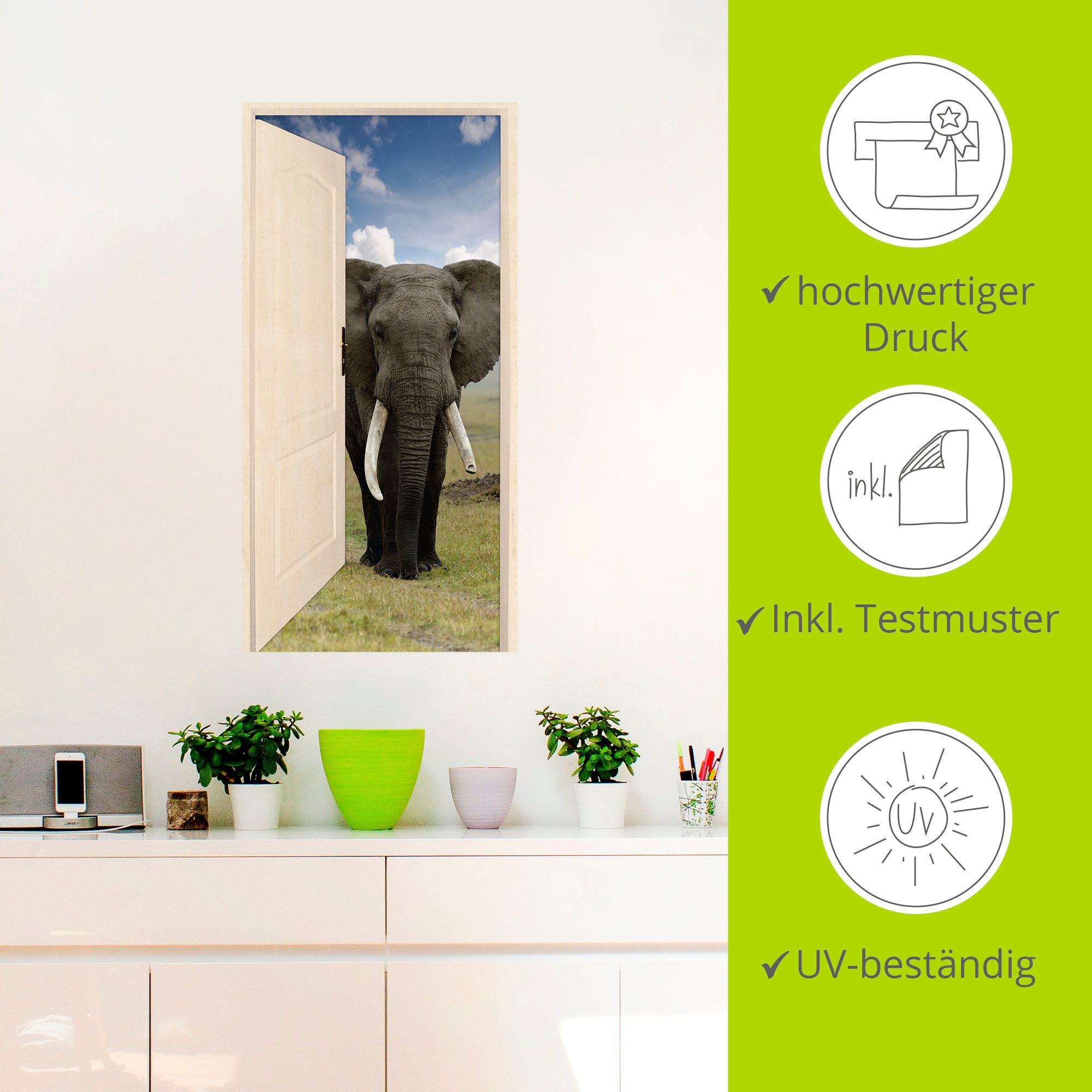 Artland Wandbild »Offene weiße Türe mit Blick auf Elefant«, Wildtiere, (1 St.), als Leinwandbild, Poster, Wandaufkleber in verschied. Größen