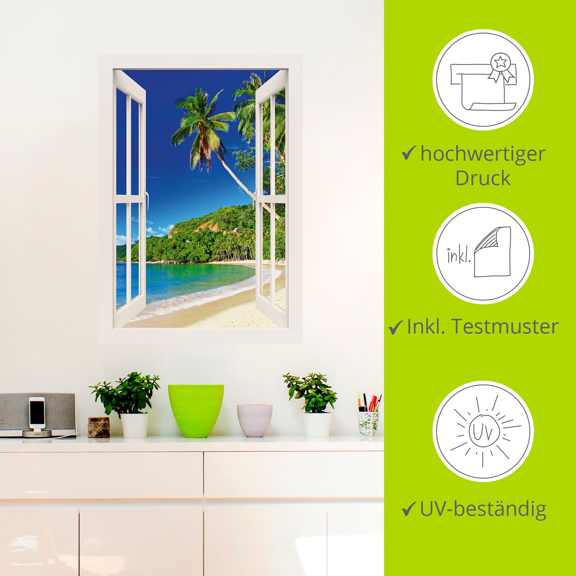 Artland Wandbild »Fensterblick Paradies«, Fensterblick, (1 St.), als Leinwandbild, Poster, Wandaufkleber in verschied. Größen