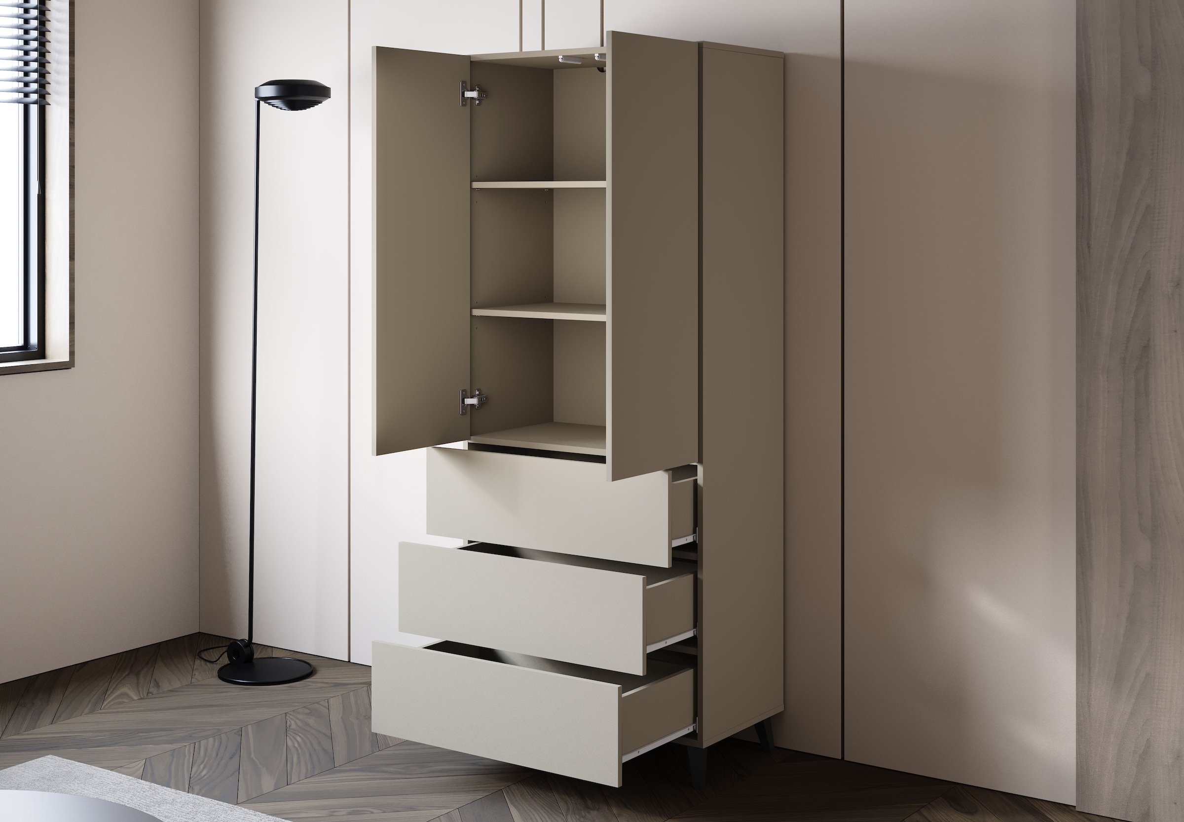 Home affaire Highboard »Phuket Hochschrank mit 2 Türen und 3 Schubladen« 1 Stk. tlg. Push-to-Open, verstellbare Einlegeböden und viel Stauraum