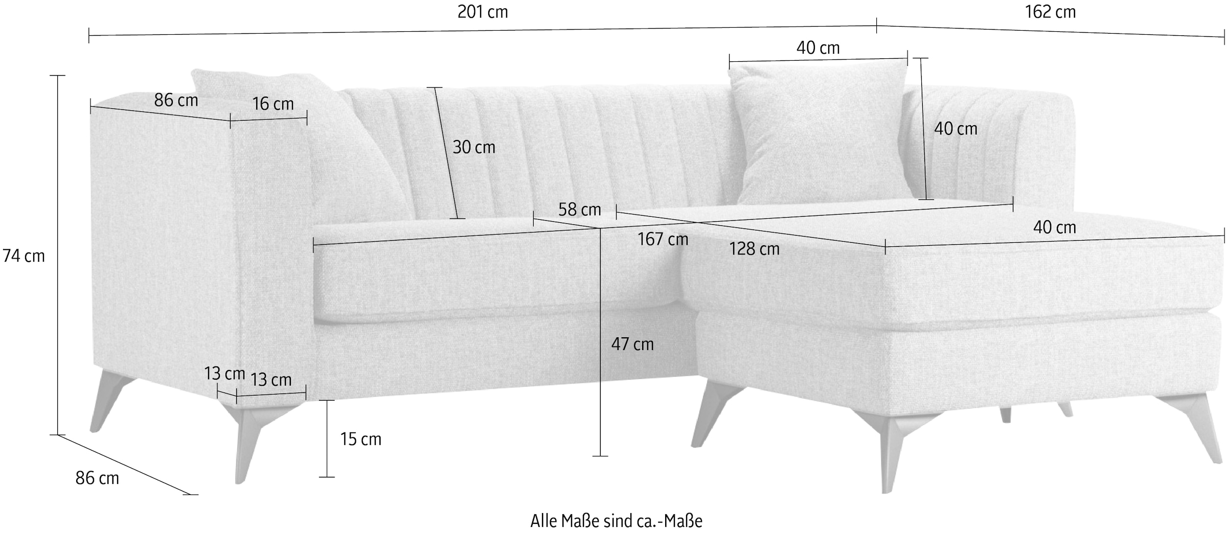 Places of Style Ecksofa »MATTHEW B/T/H: 201/162/74 cm, ideal für kleine Räume«, L-Form, feine Steppung im Rücken, incl. Zierkissen