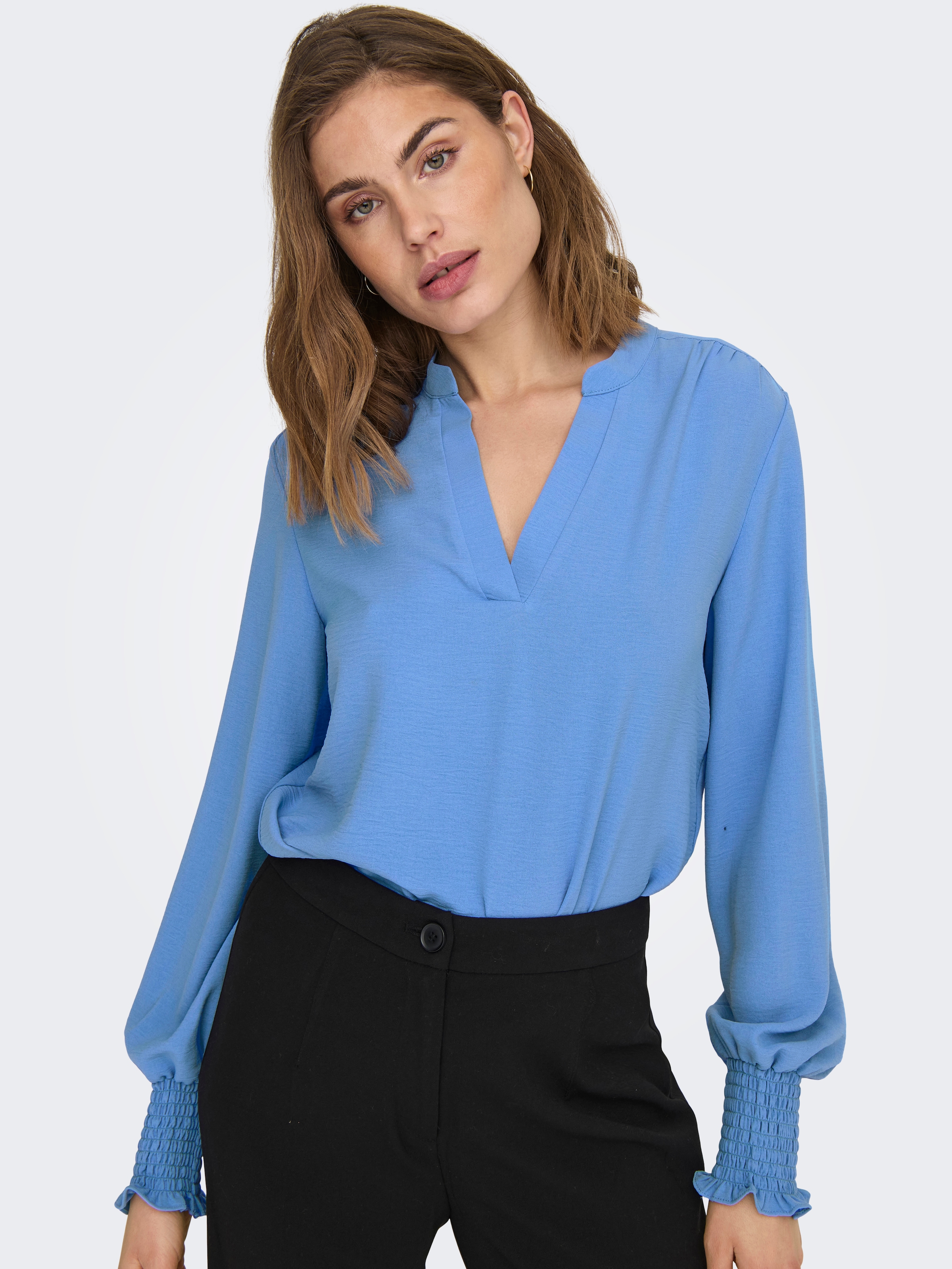 ONLY Blusenshirt »ONLMETTE V-NECK LS SMOCK TOP NOOS WVN« Kunstfaser, regular fit