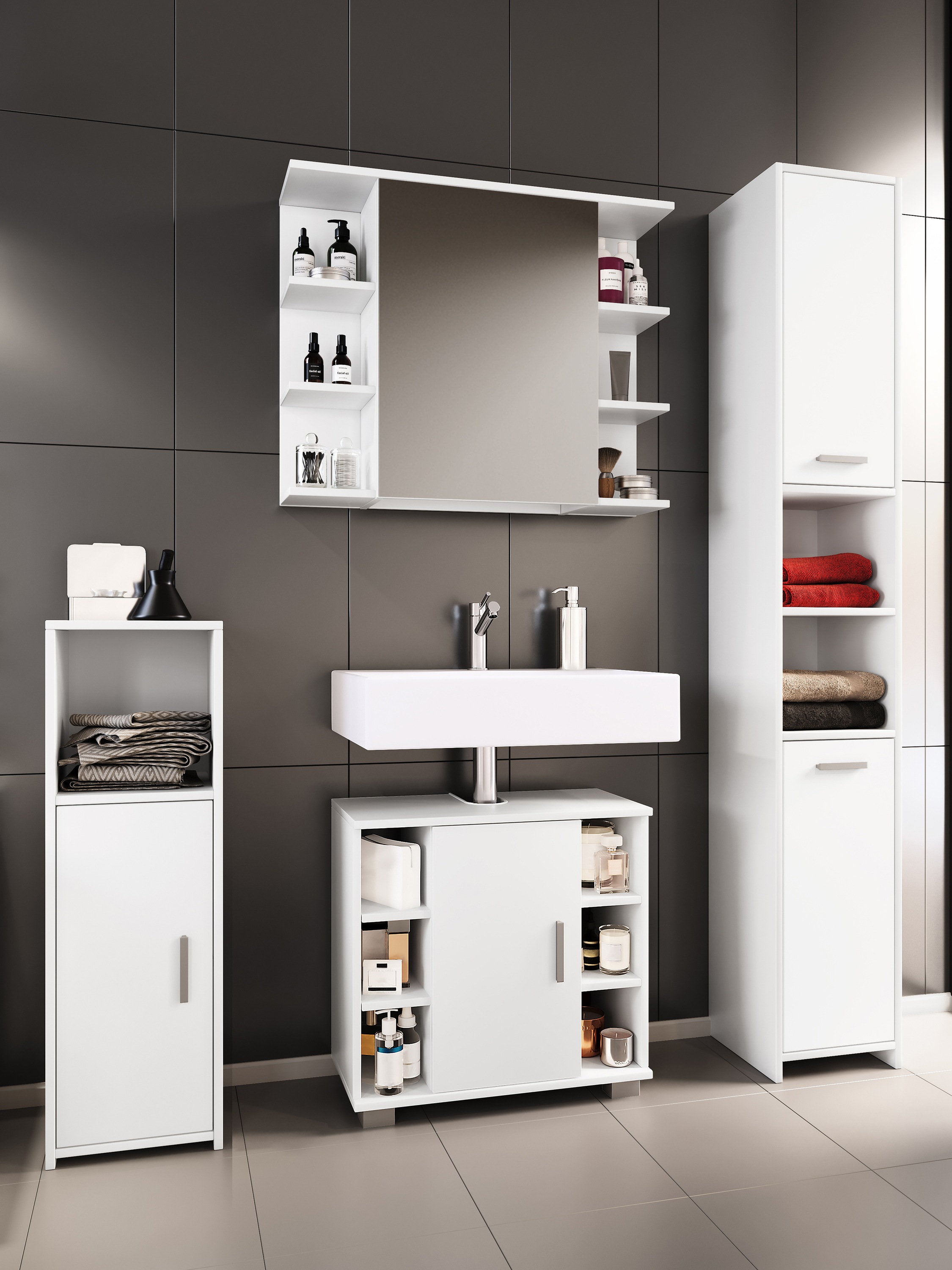 VCM Waschbeckenunterschrank »VCM 4-tlg. Badmöbelset | Badmöbel | Set aus Unterschrank, Midischrank, Hochschrank und Spiegelschrank | Badezimmermöbel - Zalo II«, (4 St.)