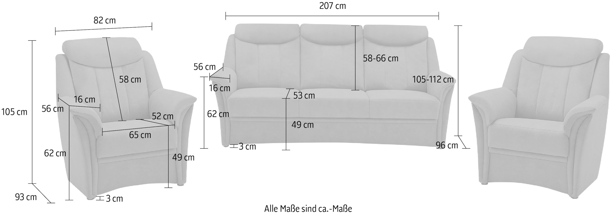 VILLA BECK Polstergarnitur »Lugano«, (Set, 3 tlg.), Kopfteilverstellung, in Sitzhöhe 46 cm, 3-Sitzer und 2x Sessel