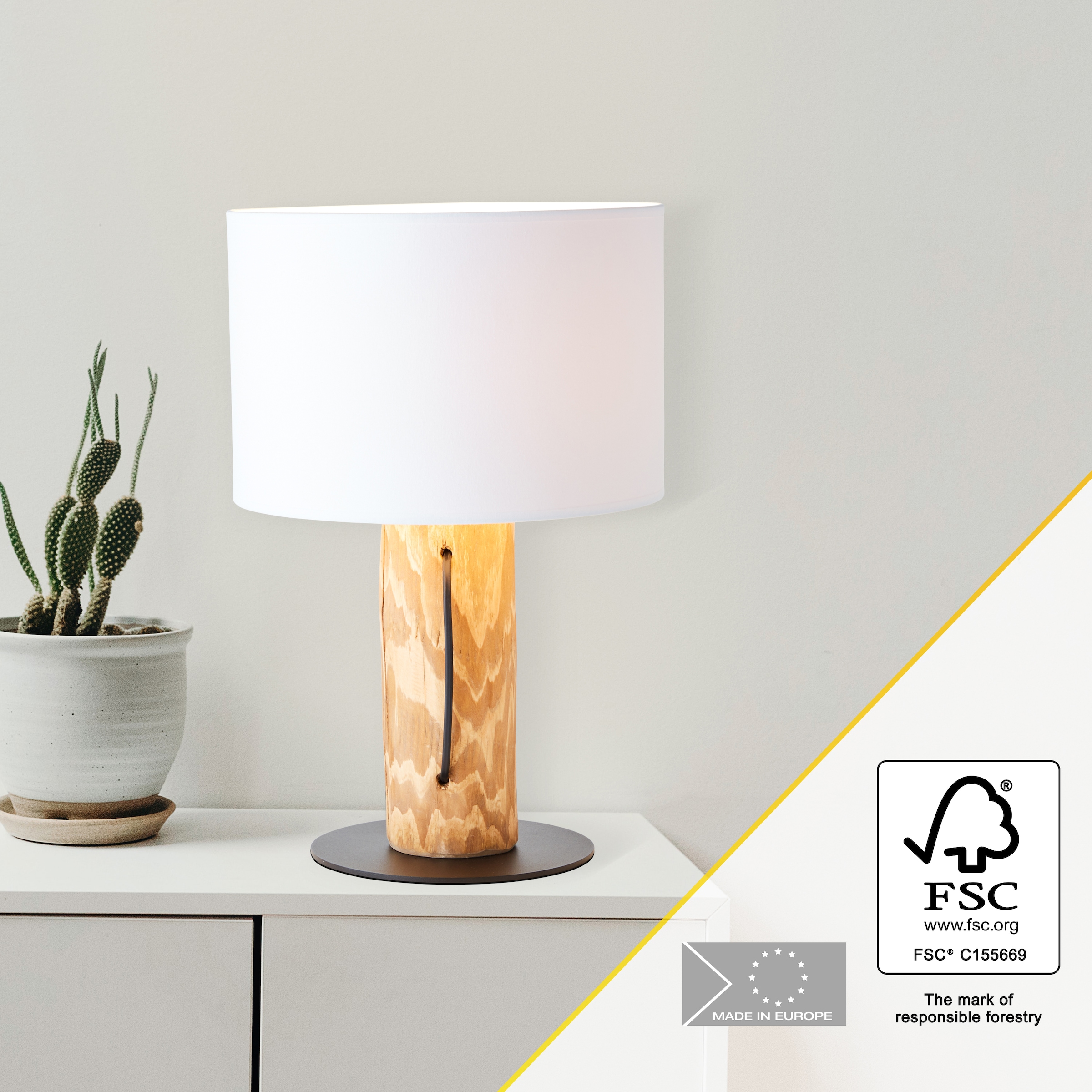 Brilliant Tischleuchte »Jimena«, 1 flammig, Leuchtmittel E27 | ohne Leuchtmittel, 43 cm Höhe, Ø 30 cm, E27, Holz/Textil, kiefer gebeizt/weiß