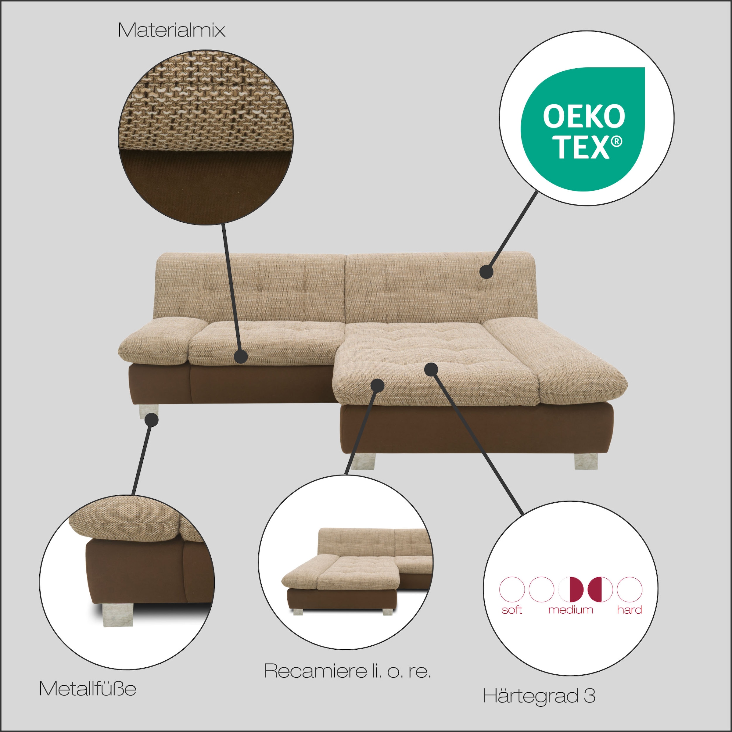 DOMO collection Ecksofa »100031 kompakte Stellmaße, komfortabel und bequem, L-Form«, wahlweise mit Bettfunktion und Armteilverstellung. Breite 234cm
