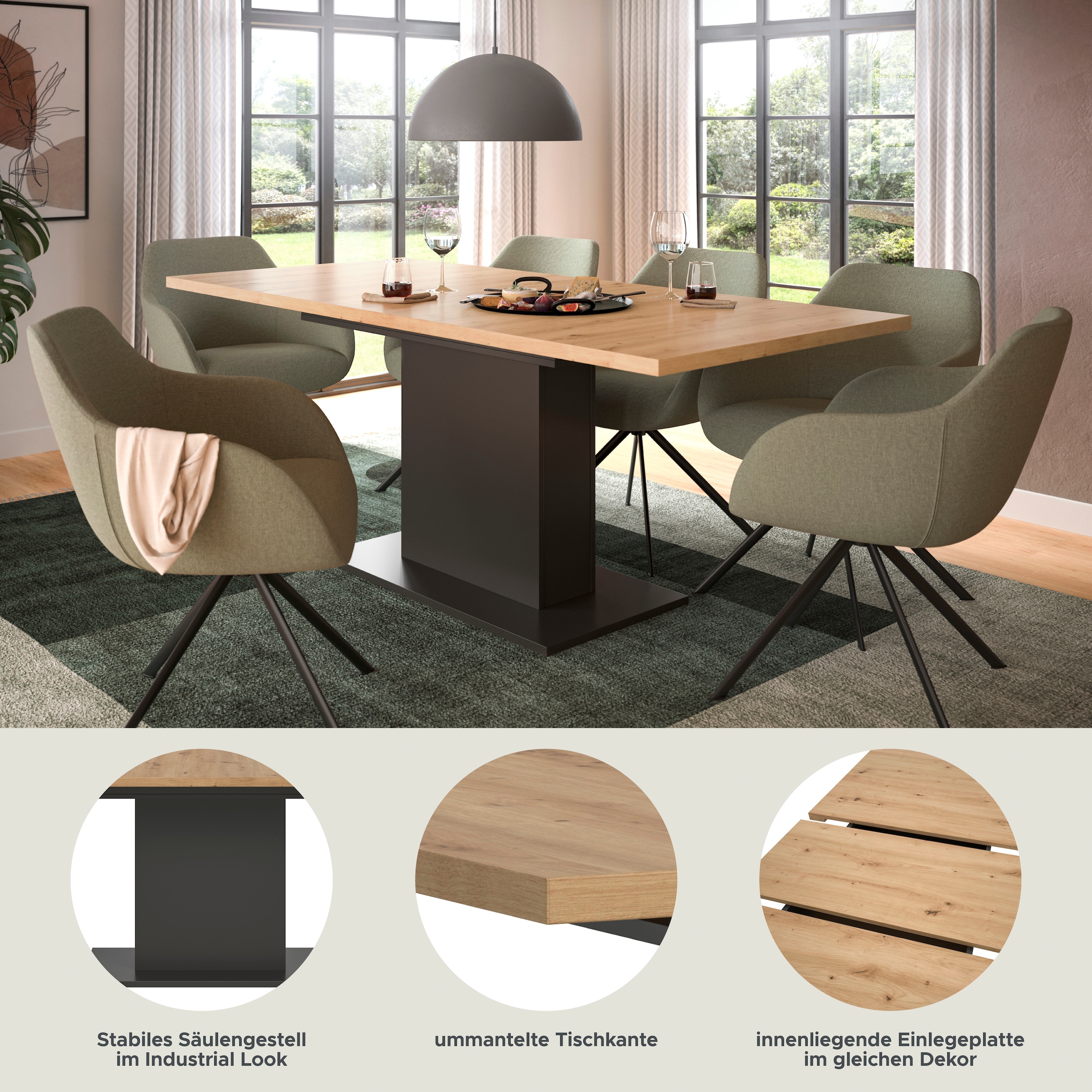 Home affaire Esstisch »Motus, ausziehbar 150 -190 cm, inklusive 40 cm Einlegeplatte« Set, 1 Stk. tlg. Säulengestell mit Bodenplatte, Tisch, Küchentisch, Esszimmer, Küche