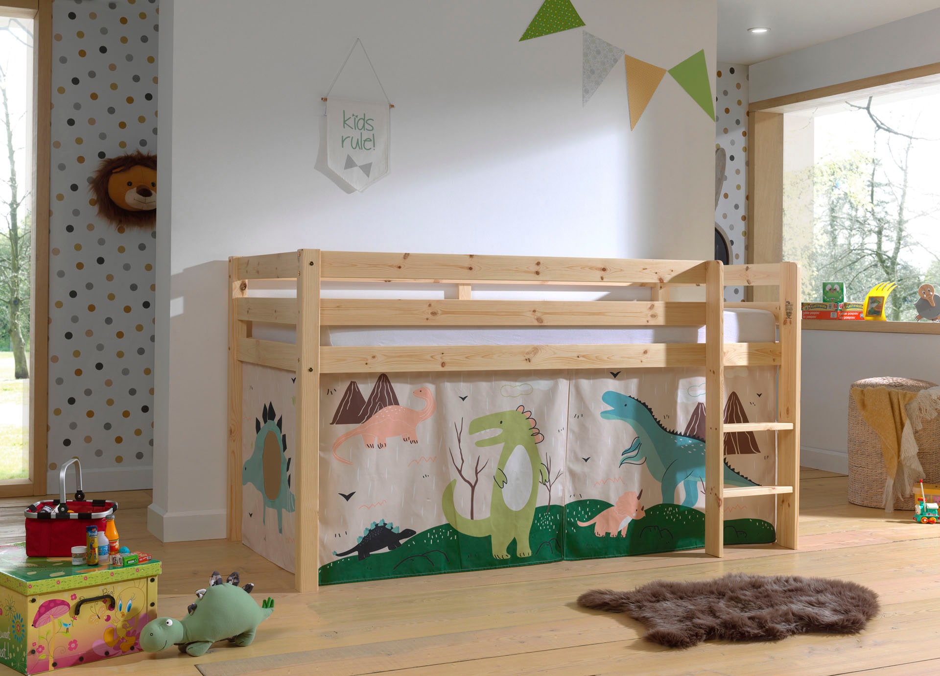 Vipack Spielbett »Pino, Kiefer massiv, mit Rolllattenrost u. Textil-Set, Made in Europe« B/H/T ca. 210x114x106cm, mit Leiter und Absturzschutz,  verschiedene Textil Dessins, 3 Gestellfarben zur Wahl