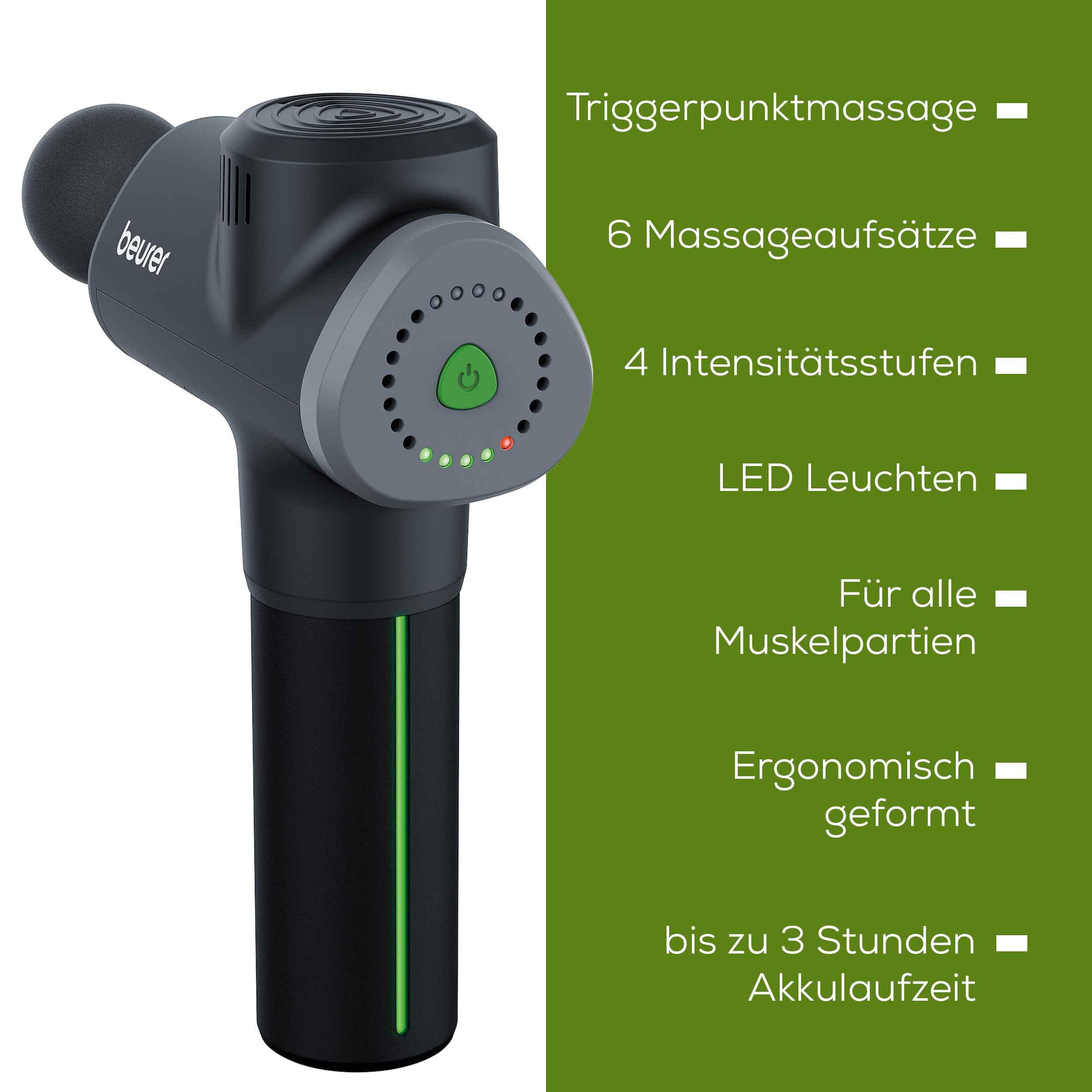 BEURER Massagepistole »Beurer MG 180 Massage-Gun, Muskelmassagegerät mit 6 Aufsätzen«, Massagepistole mit 4 Intensitätsstufen, kraftvolle Triggerpunktmassage