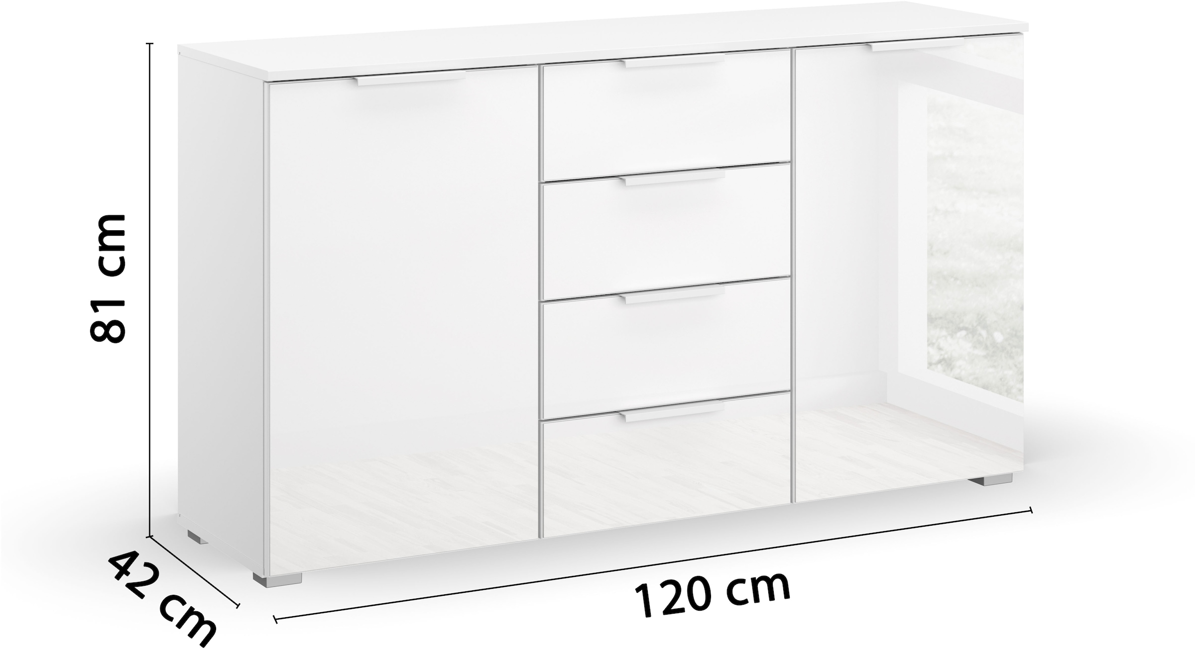 rauch Schubkastenkommode »Sideboard Kommode Kombikommode KOLUNA mit Glasfront« Breite 120 cm,  vier große Schubladen, mit insgesamt 4 Einlegeböden MADE IN GERMANY
