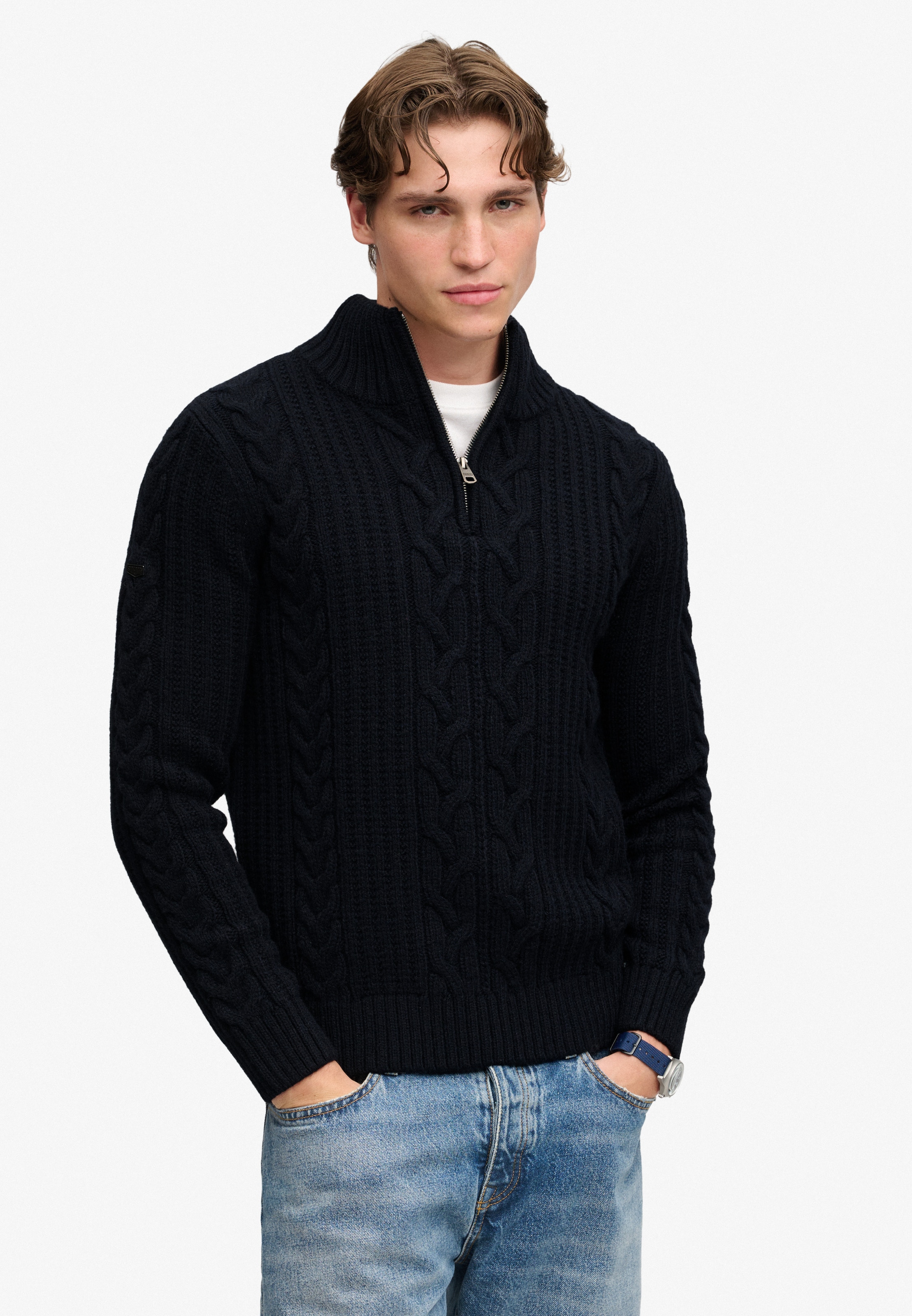 Superdry Strickpullover »JACOB CABLE HALF ZIP KNIT« Materialmix, slim fit