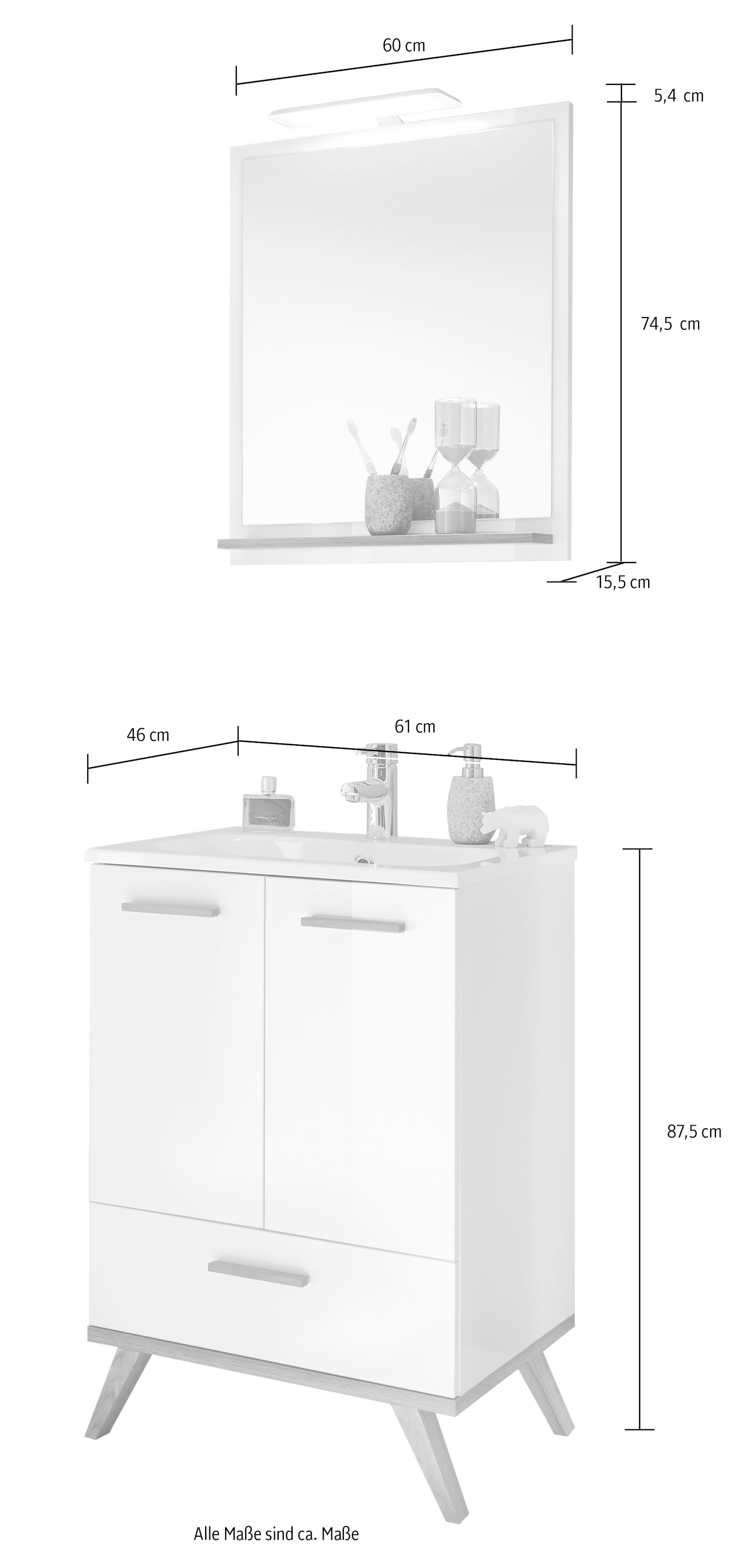 Saphir Badmöbel-Set »Quickset 2-teilig, Mineralmarmor-Waschtisch und LED-Spiegel«, (4 St.), Waschplatz 61 cm breit, 2 Türen, 1 Schublade, Spiegel-Ablage, Bad-Set