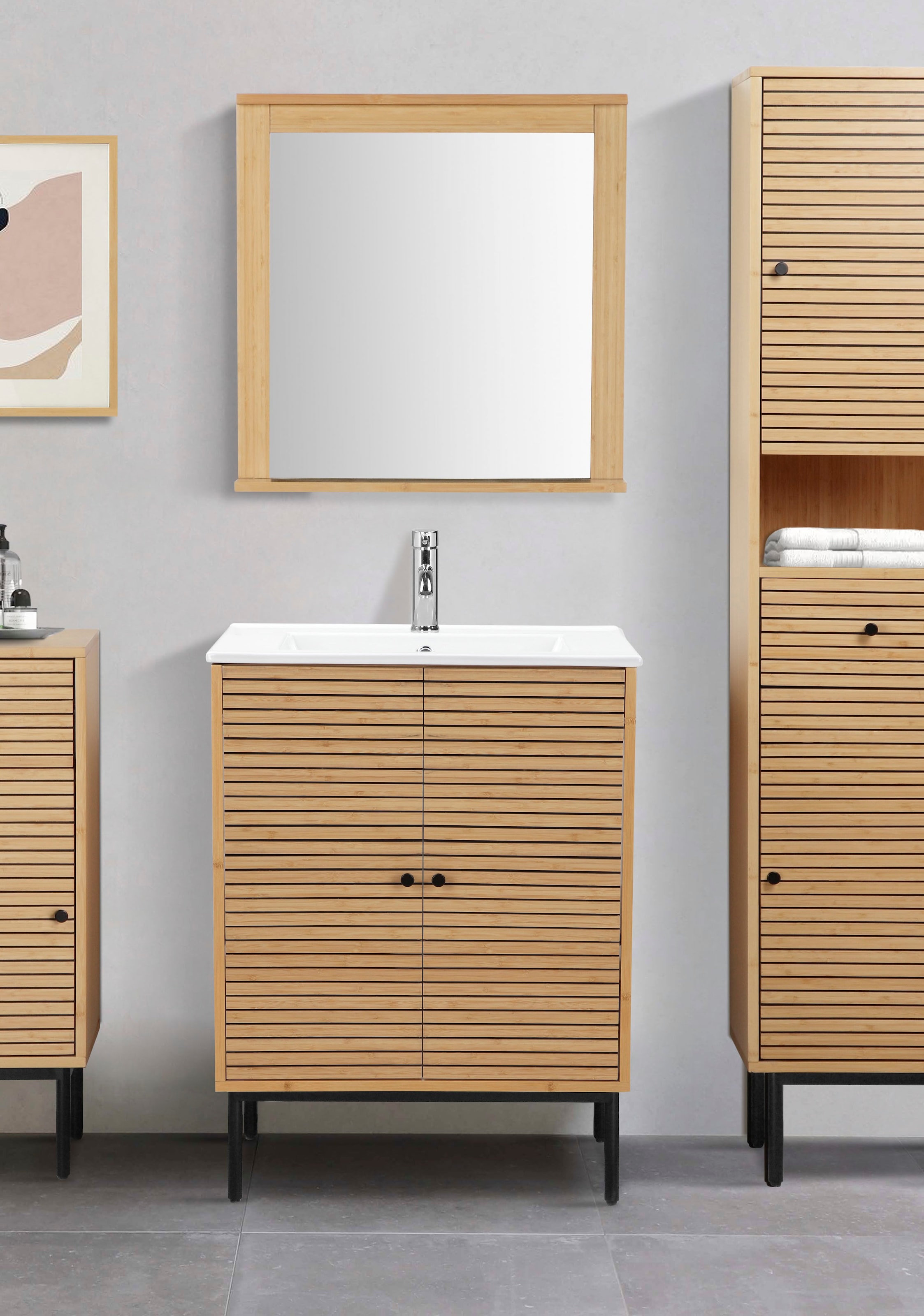 welltime Badspiegel »Bali Natur Badezimmerspiegel Spiegelschrank«, Spiegel mit Ablage Regal Bambus Breite 60cm