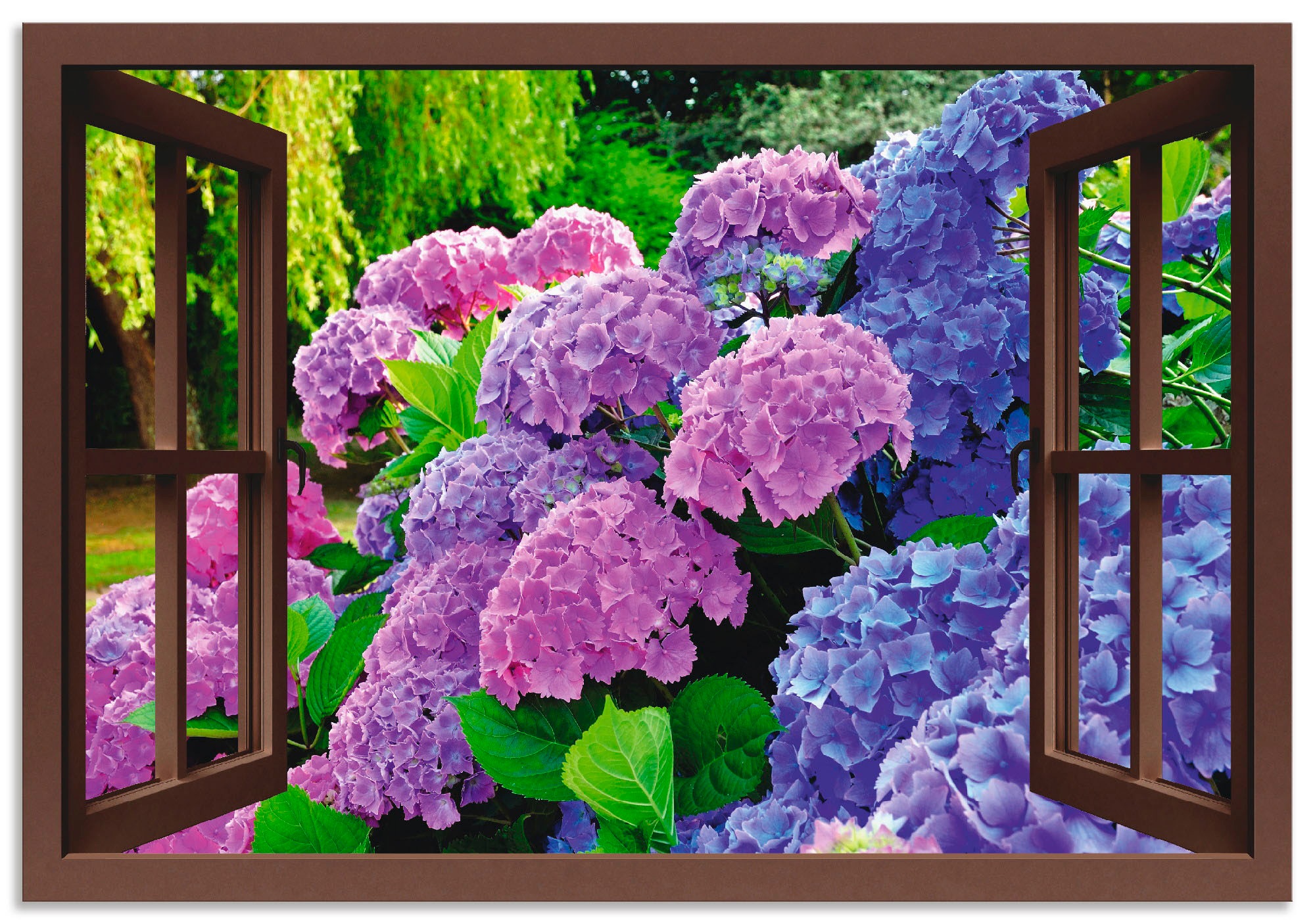Artland Wandbild »Fensterblick - Hortensien im Garten«, Blumen, (1 St.), in vielen Größen & Produktarten - Alubild / Outdoorbild für den Außenbereich, Leinwandbild, Poster, Wandaufkleber / Wandtattoo auch für Badezimmer geeignet