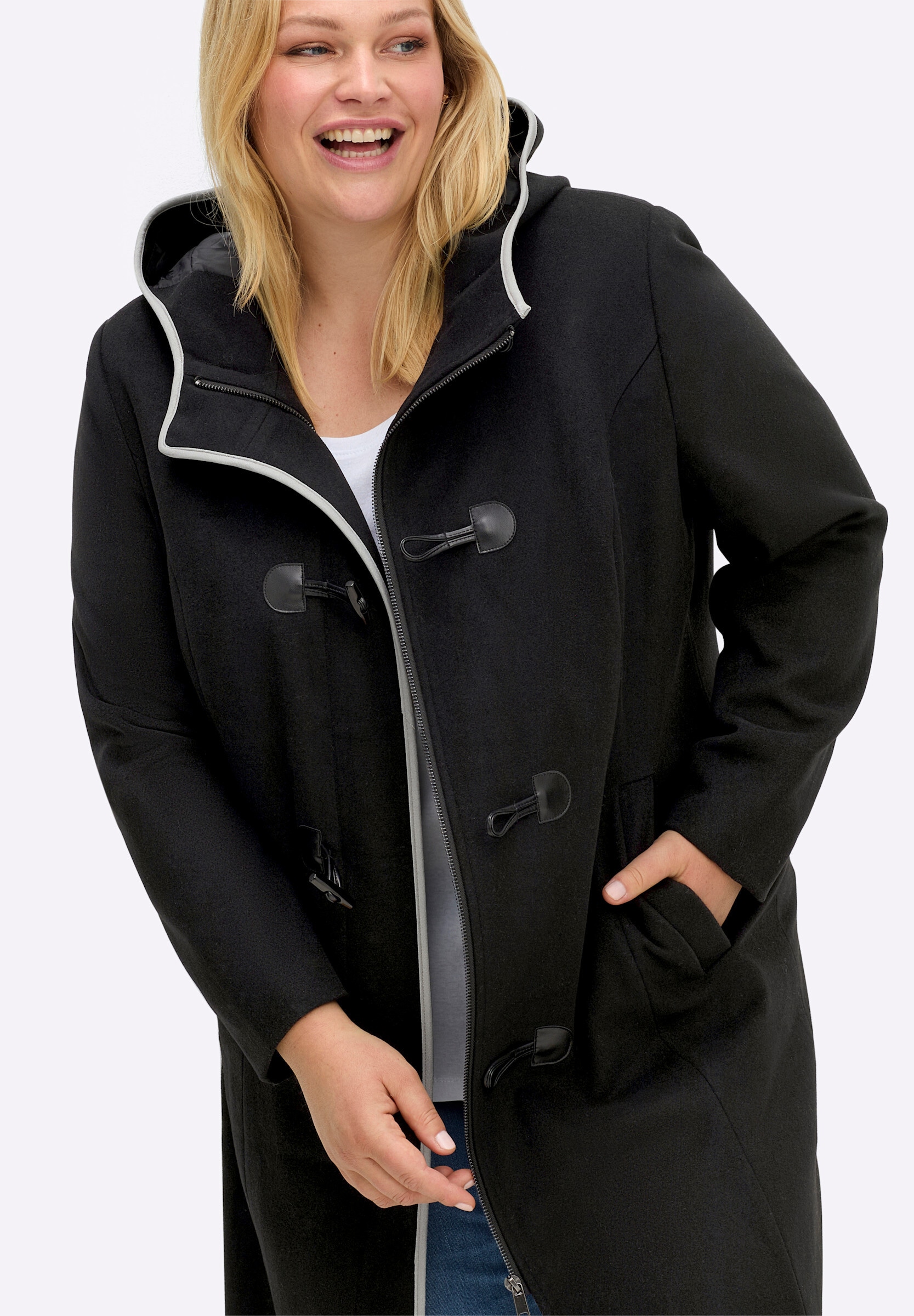 Sheego Langjacke »Mantel Wintermantel mit Reißverschluss und Knebelverschlüssen« mit Kapuze