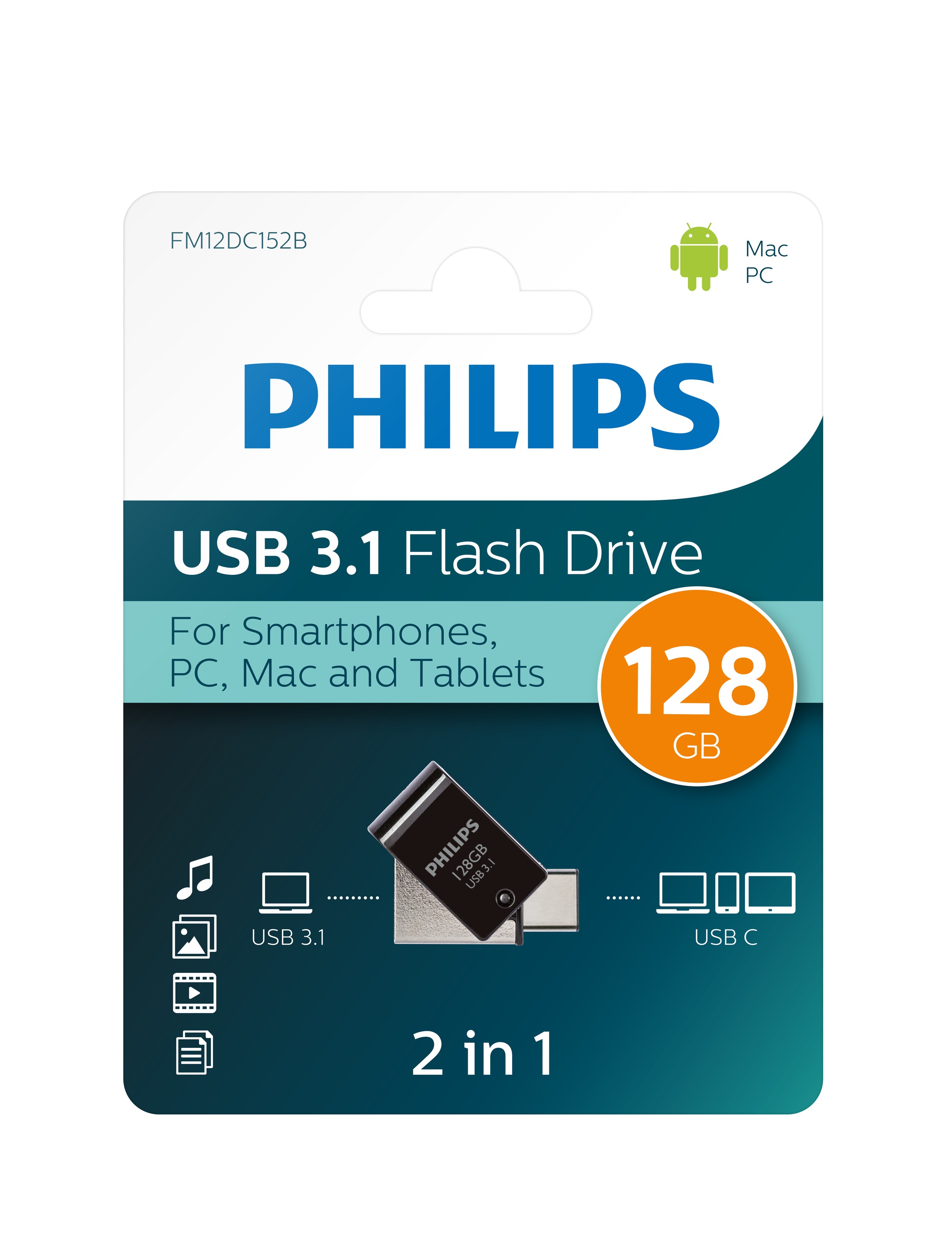 Philips Mini-USB-Stick »USB 2in1: 3.1 & Typ-C Midnight Black«, (USB 3.1 Lesegeschwindigkeit 180 MB/s)
