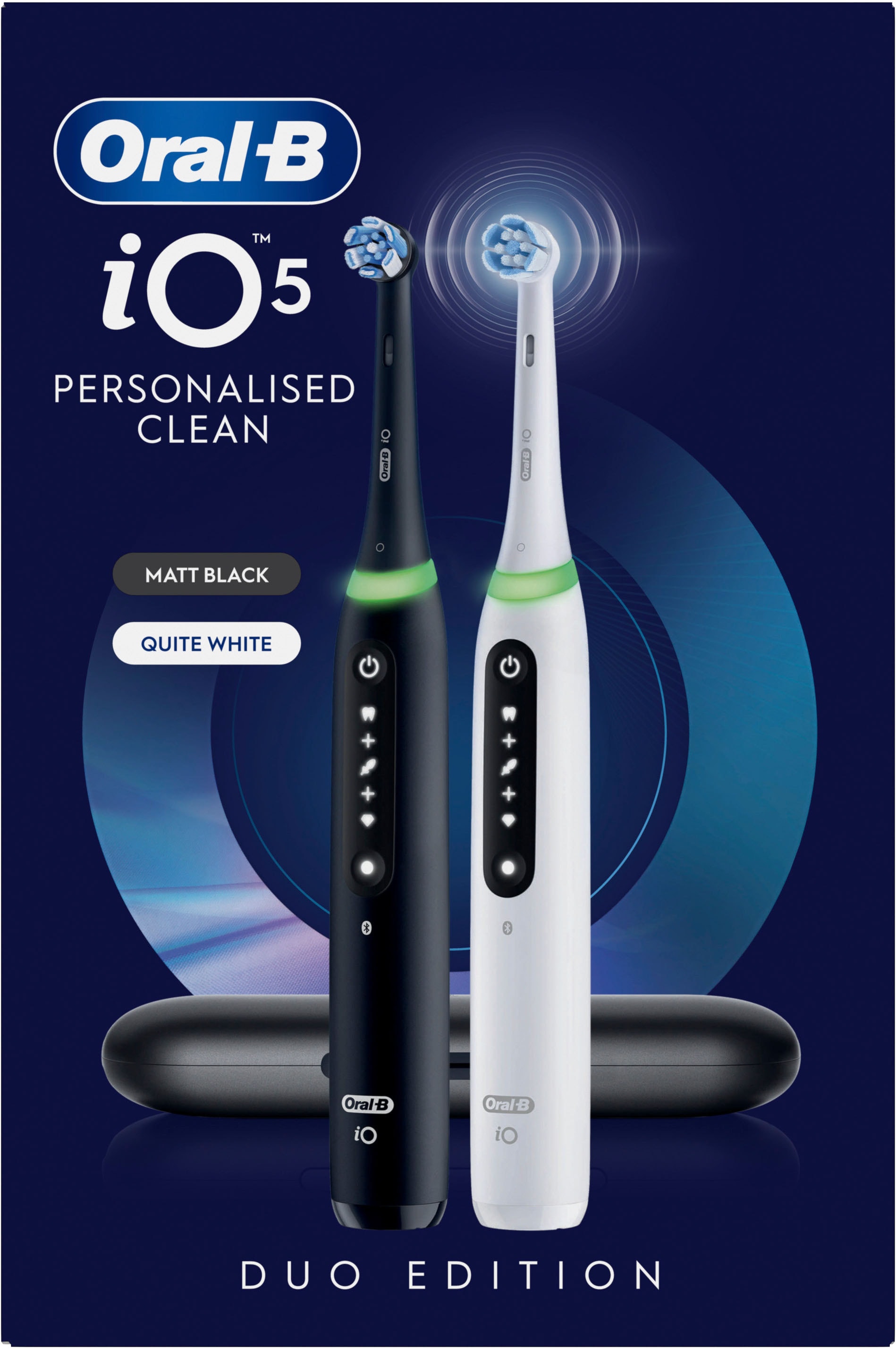 Oral-B Elektrische Zahnbürste »iO 5 Duopack« 2 Stk. Aufsteckbürsten mit Magnet-Technologie, LED-Anzeige, 5 Putzmodi, Reiseetui