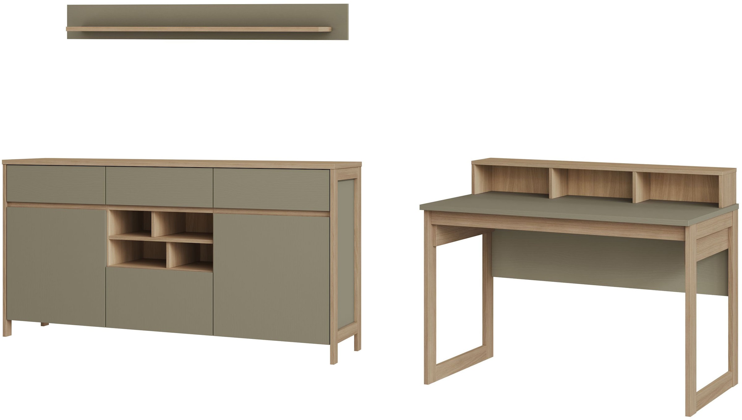 Home affaire Büromöbel-Set »Stranda im Scandi-Style, Home Office, Büro in zwei Farben verfügbar«, (3 tlg.), enthält Schreibtisch, Sideboard und Wandboard