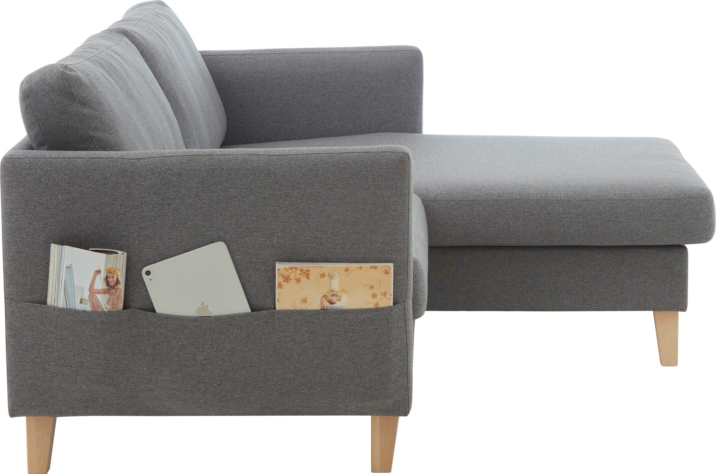 ATLANTIC home collection Ecksofa »Mailo L-Form«, mit Seitentaschen, Recamiere beidseitig montierbar, Massivholzfüße