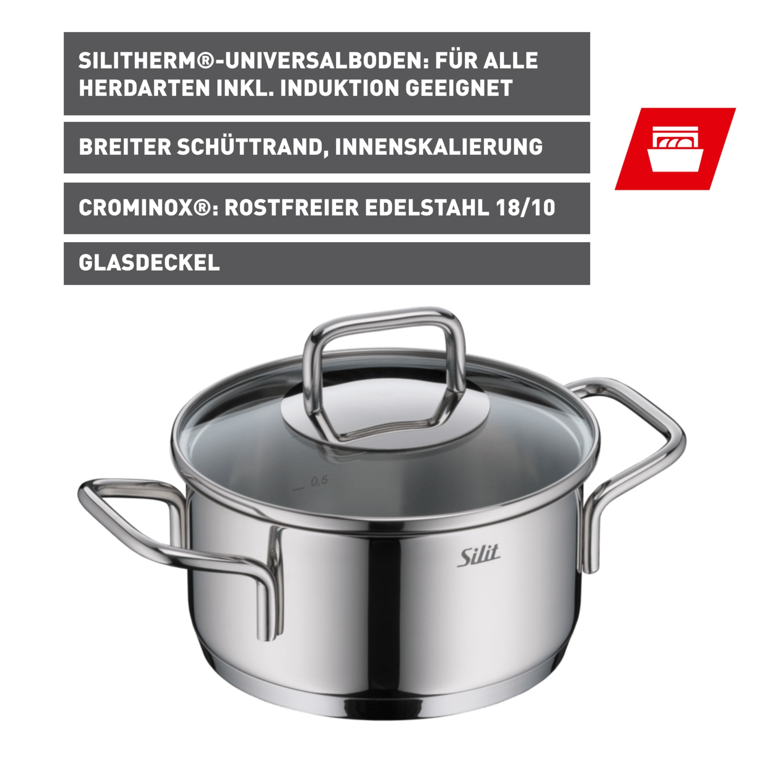 Silit Bratentopf »Extra Cook, mit Glasdeckel«, Edelstahl 18/10, (2 tlg.), SiliTherm Universalboden, induktionsgeeignet, spülmaschinengeeignet