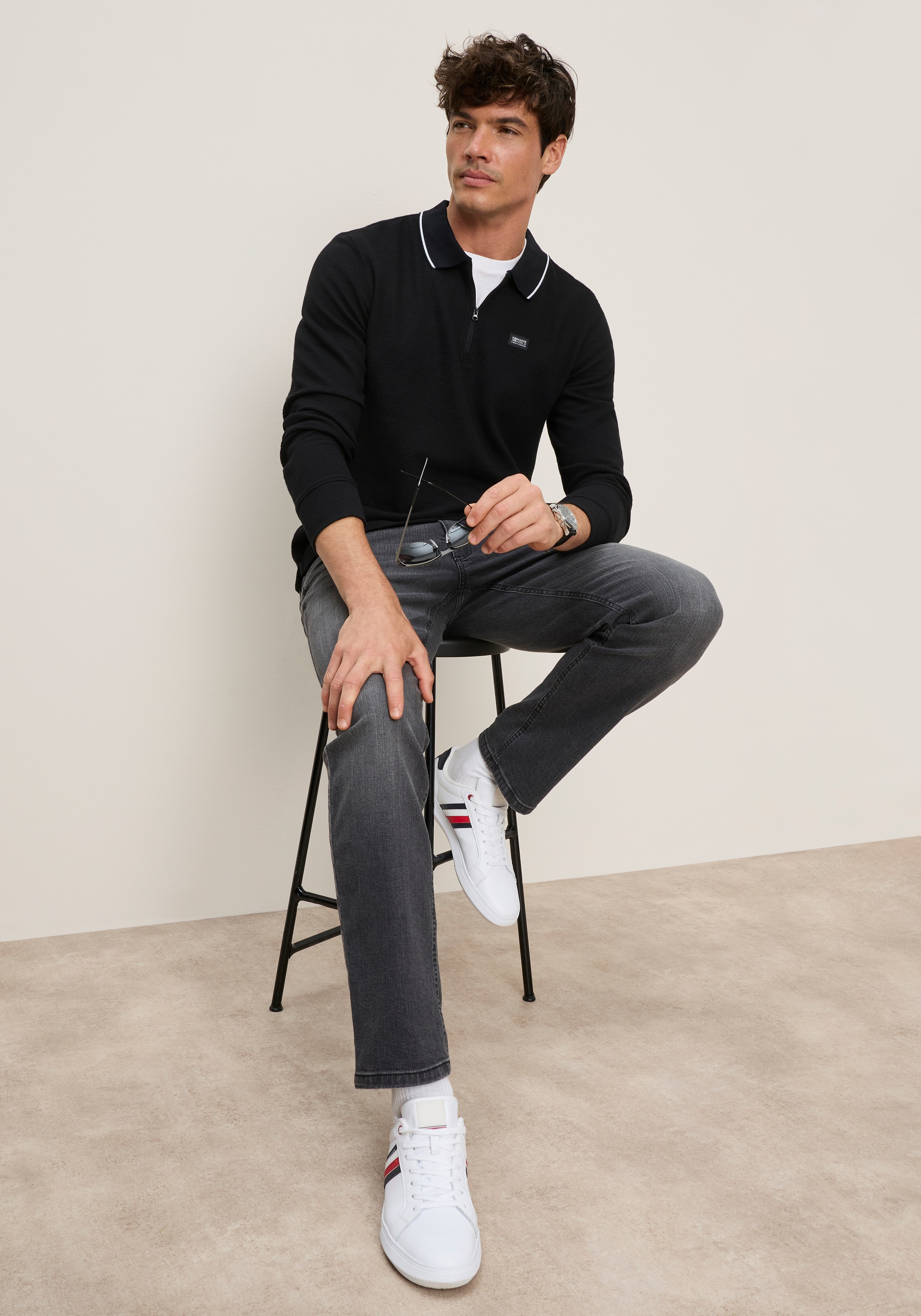 Man's World Sweatshirt , mit Polokragen, aus Baumwolle und Polyester, in unifarbener Optik
