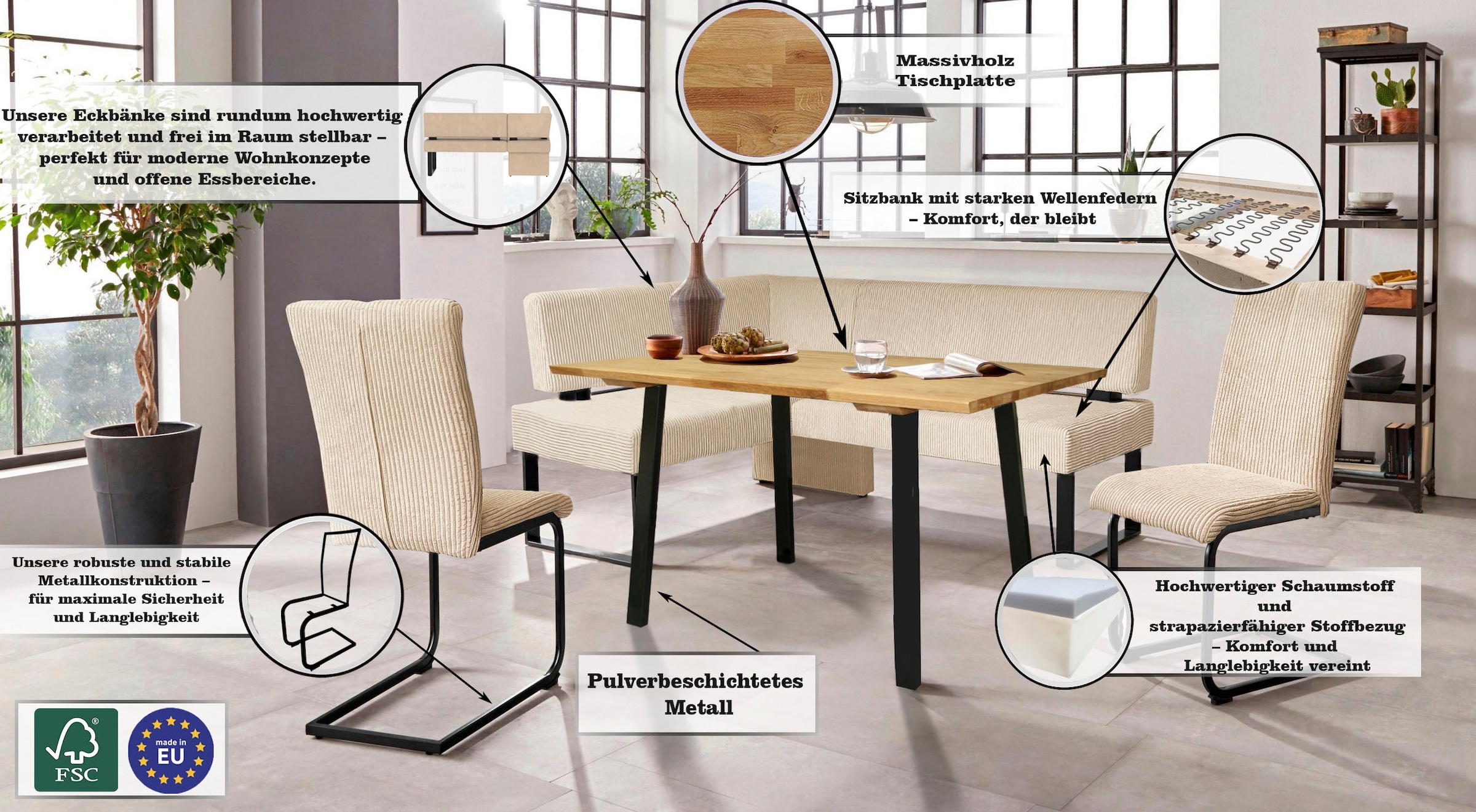 OTTO home Eckbankgruppe »Oliver« Set, 4-tlg, 4 Stk. tlg. Eckbank mit Wellenunterfederung im Sitz, Tisch Massiv Eiche