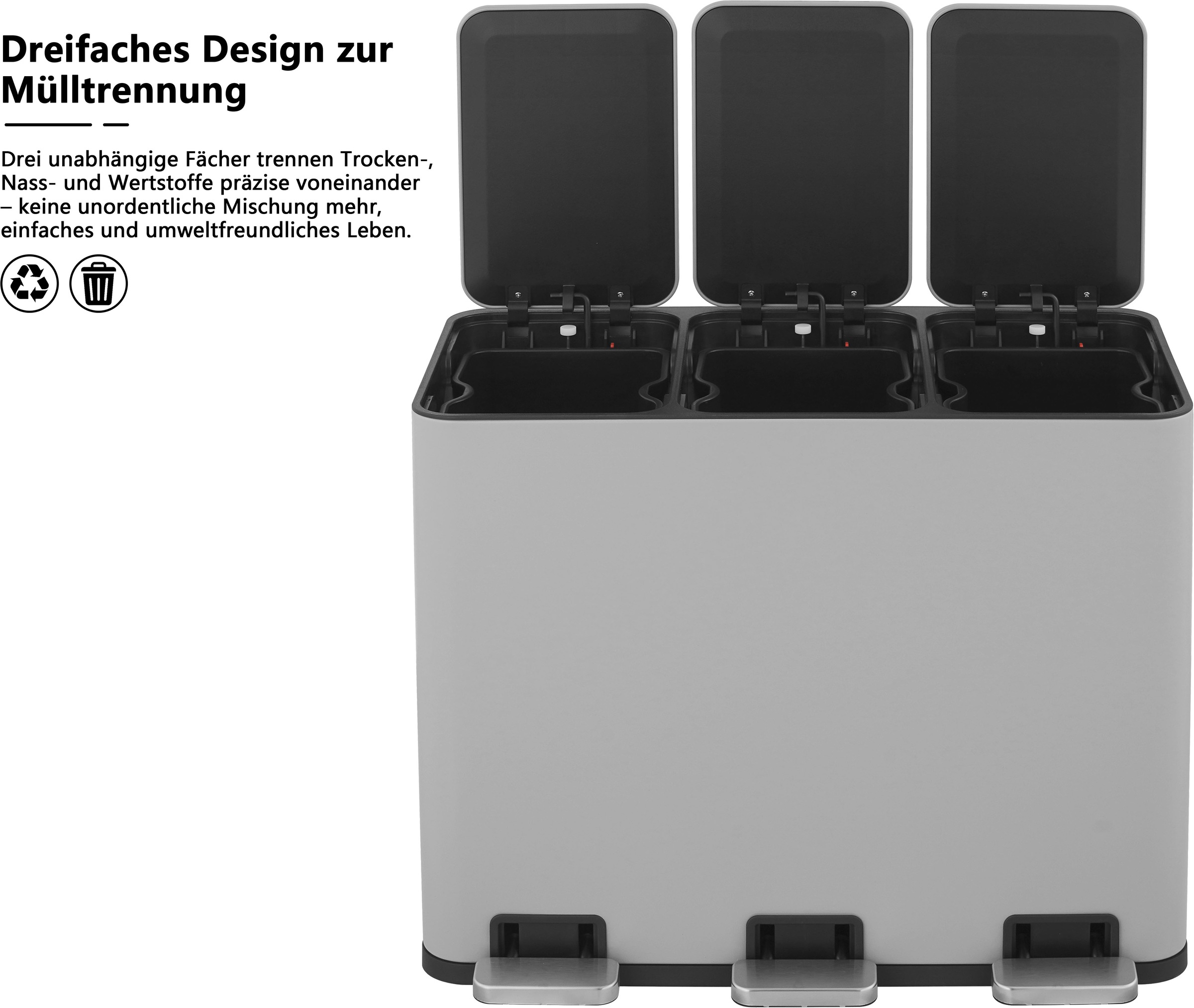 OTTO home Mülleimer »Garrin, Soft Close, Fassungsvermögen 3x 15 Liter« 3 Behälter Mülltrennsystem mit 3 separaten Innenbehältern und Fußtrittpedalen