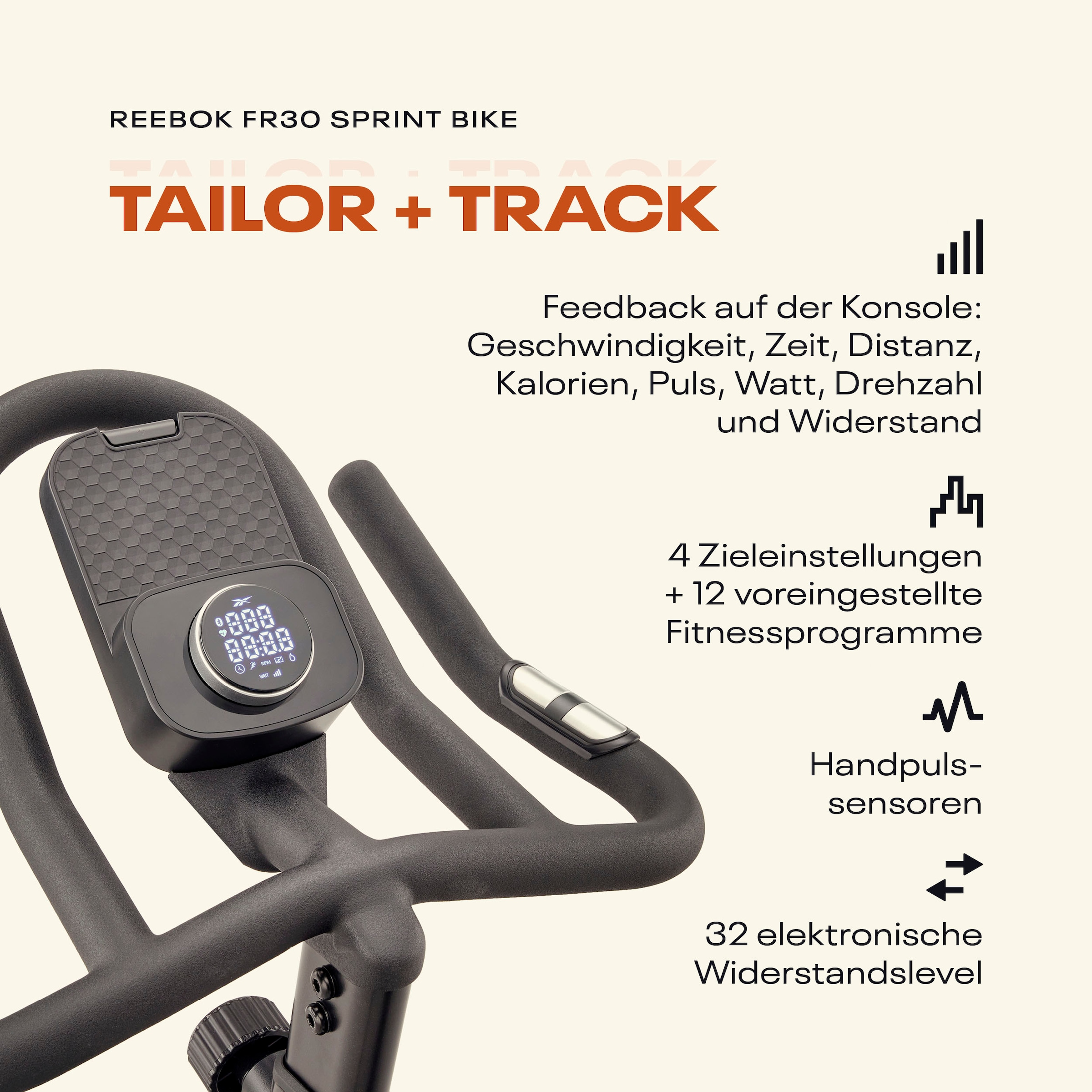 Reebok Speedbike »FR30 Speedbike«, (mit Tablet-Halterung), Schwungmasse ca. 6 kg, 32 Widerstandsstufen