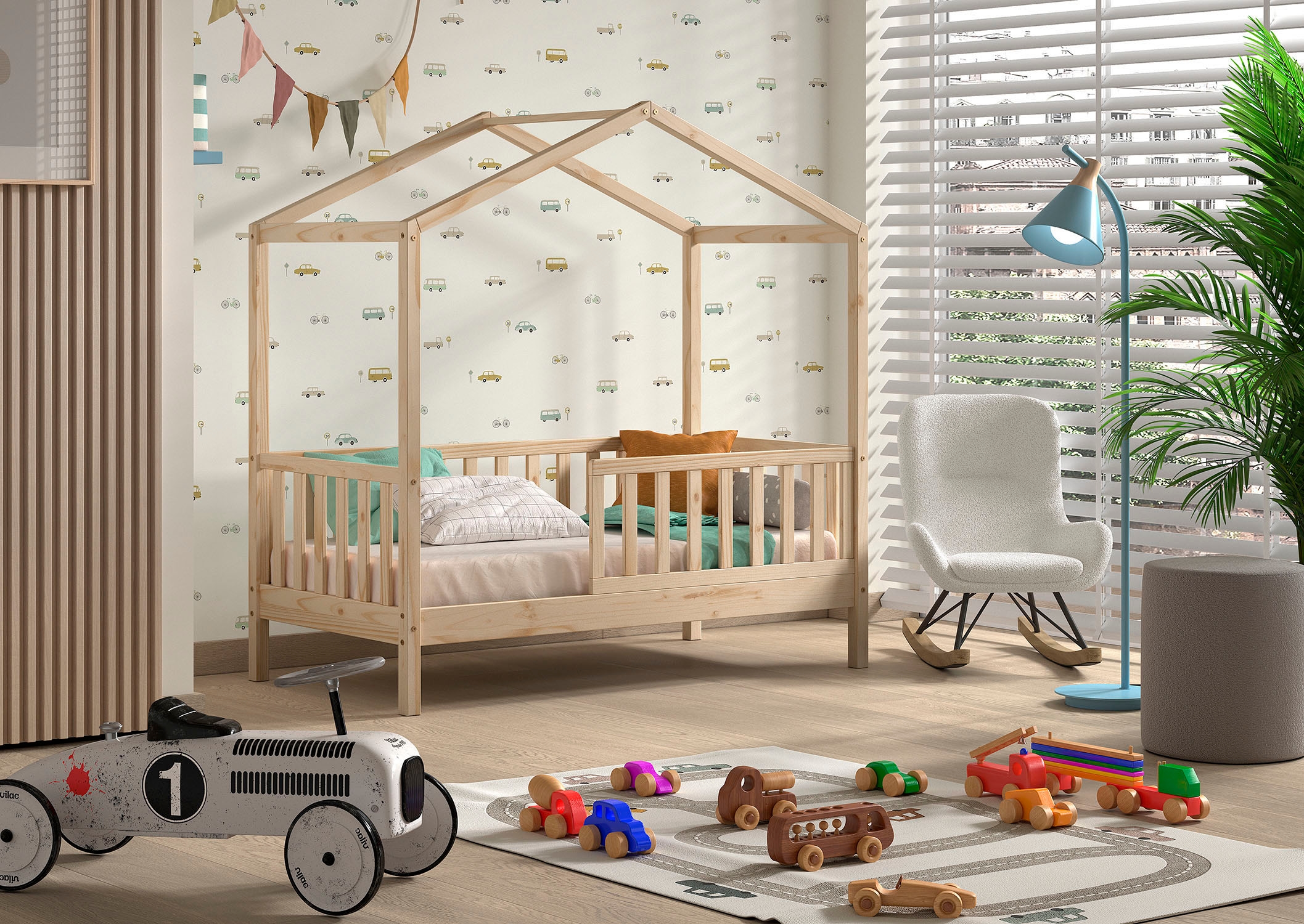 Vipack Hausbett "Junior Hausbett 70/140, umlaufender Rausfallschutz, stabil gebaut" B/H/T ca. 148x150,6x75,8cm, in verschiedenen Farben erhältlich, inkl. Rolllattenrost und Dachaufbau
