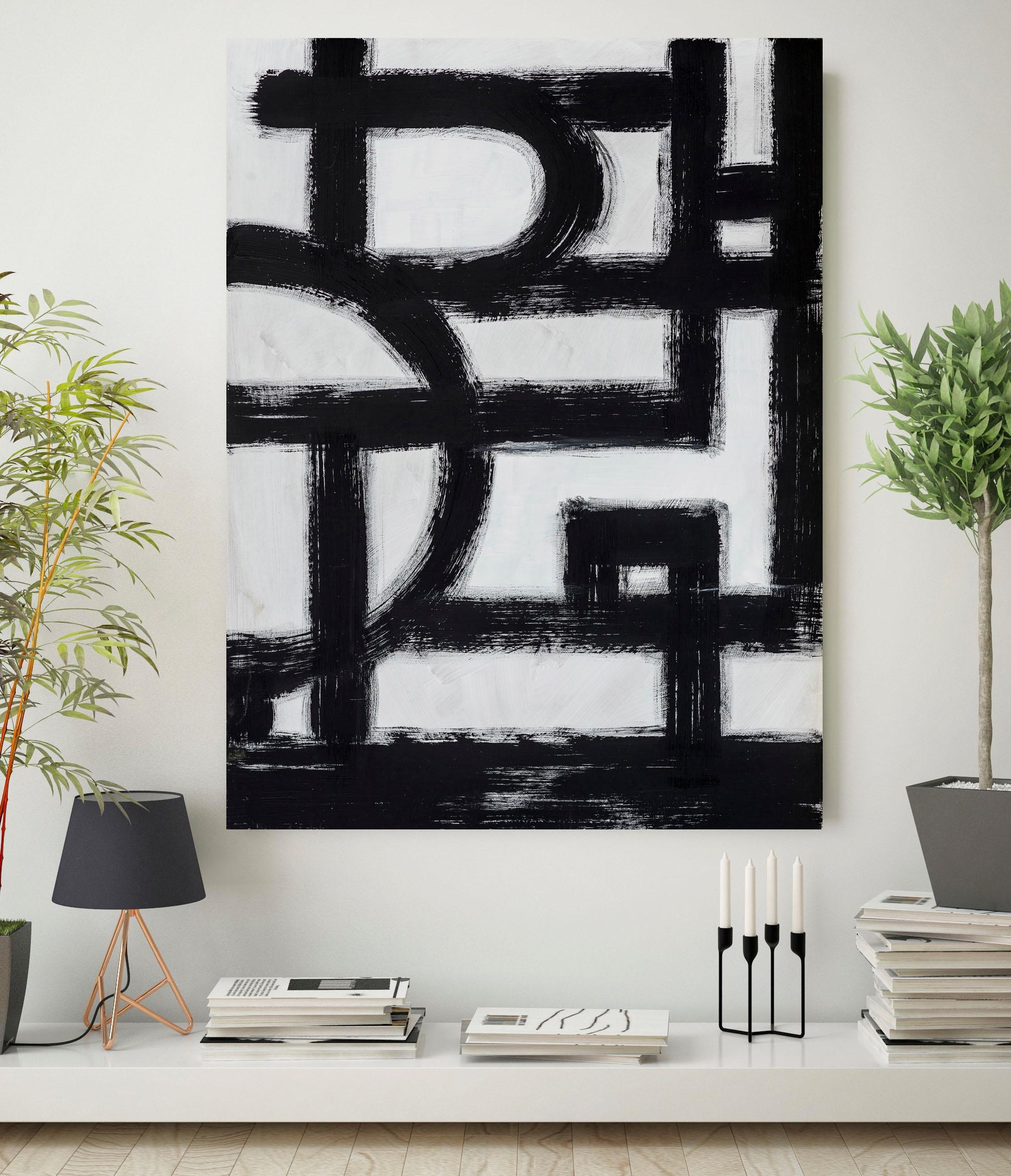 Places of Style Leinwandbild »Abstrakte Kunst«, Abstrakte-Kunst-Modern-Schwarz-Weiß, Premium-Leinwandstoff, Handarbeit aus Deutschland, 120x80cm