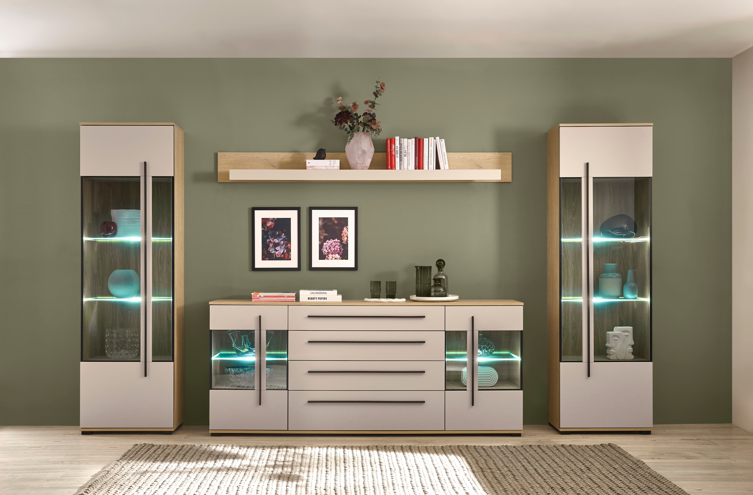 Home affaire Wohnwand »Cantara, Anbauwand, Wohnzimmer-Set, in Eiche Evoke, Weiß oder Kaschmir« Set, 