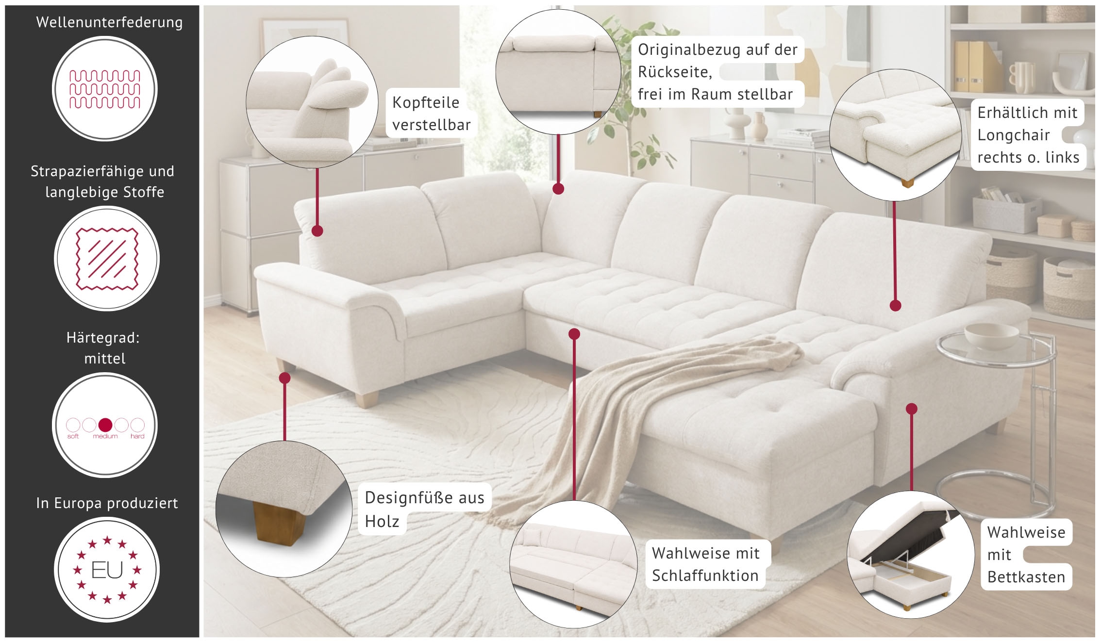 OTTO home Wohnlandschaft »Egedal 344 x 214 cm, auch mit Schlaffunktion & Bettkasten, Holzfüße« U-Form, aus pflegeleichtem Lu x us-Microfaser