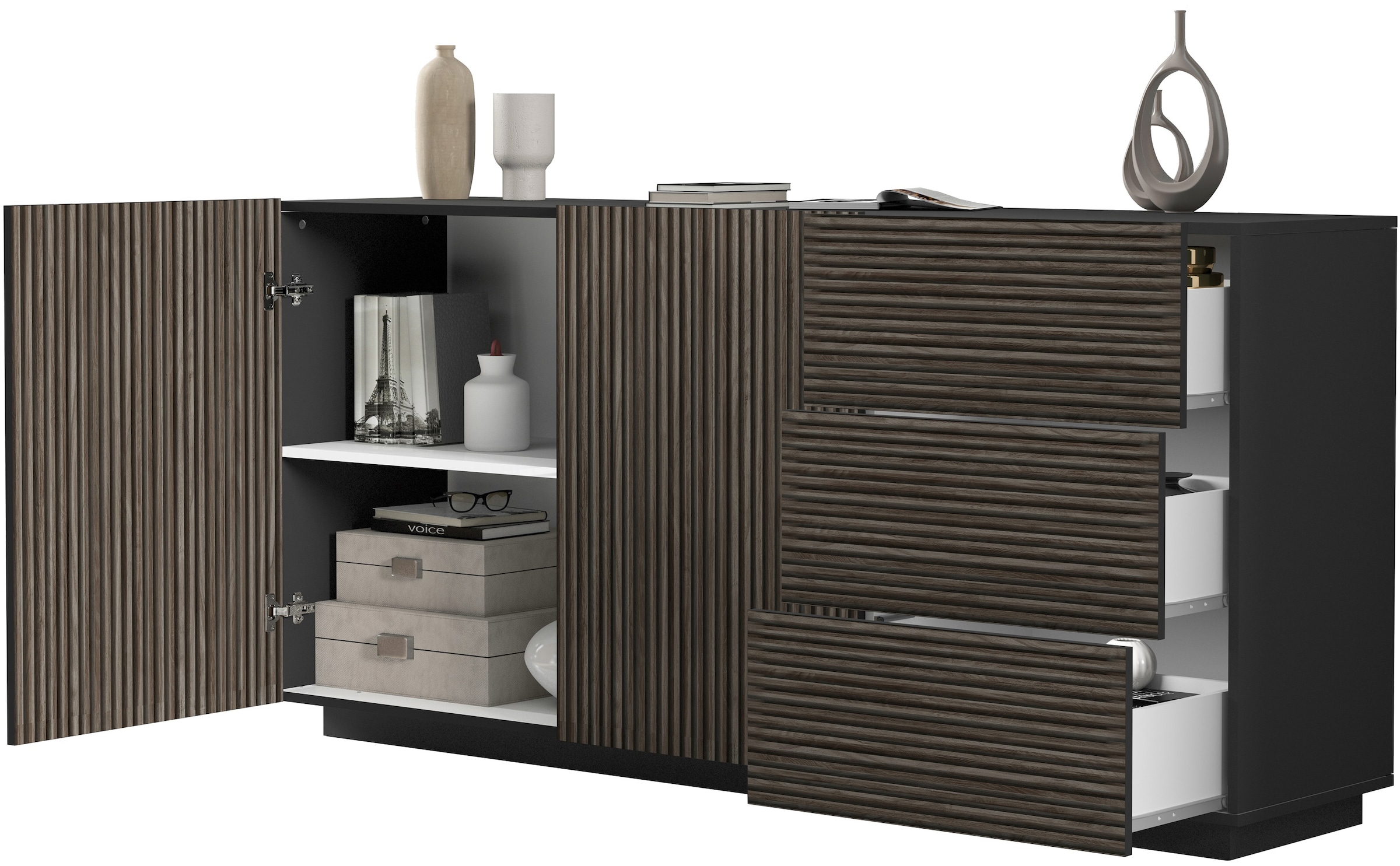 Home affaire Sideboard »Vega Sideboard,Kommode,180 cm« mit 2 Türen und 3 Schubladen,Fronten mit Rillen-Optik