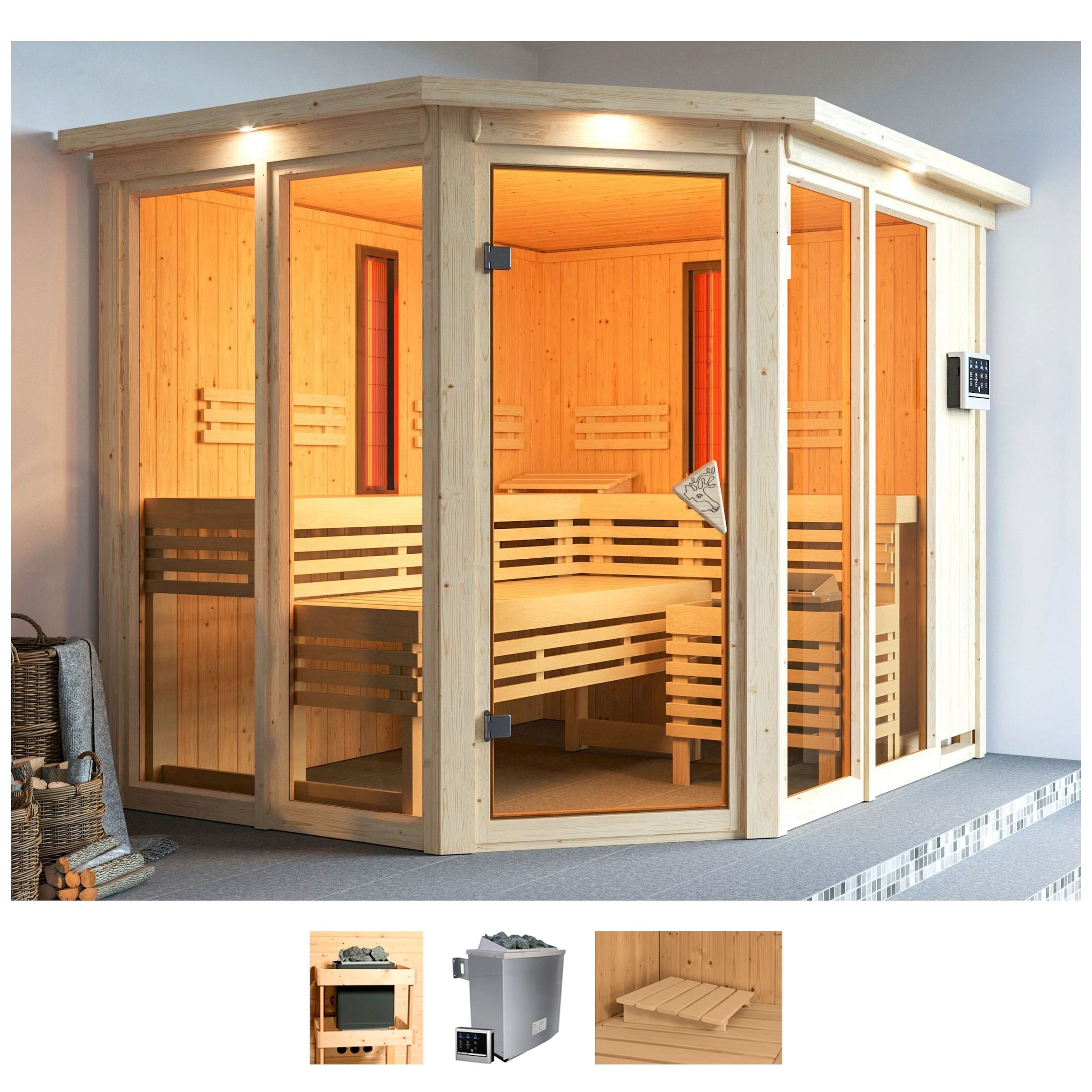 Karibu Sauna »Avril«, (Set), 9-kW-Bio-Ofen mit externer Steuerung