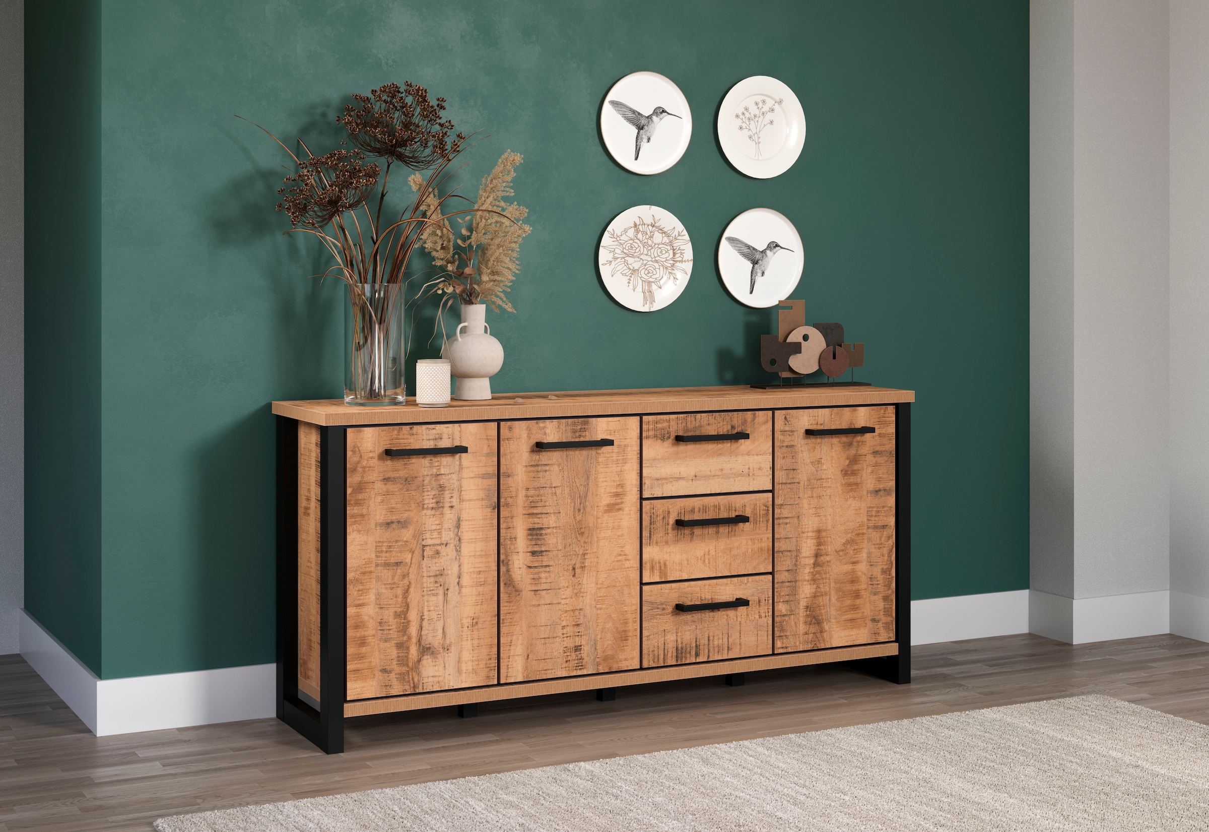 Home affaire Sideboard »Elda« 1 Stk. tlg. Sideboard mit 3 Türen & 3 Vollauszug Schubladen – (B/T/H) 180/45/86 cm
