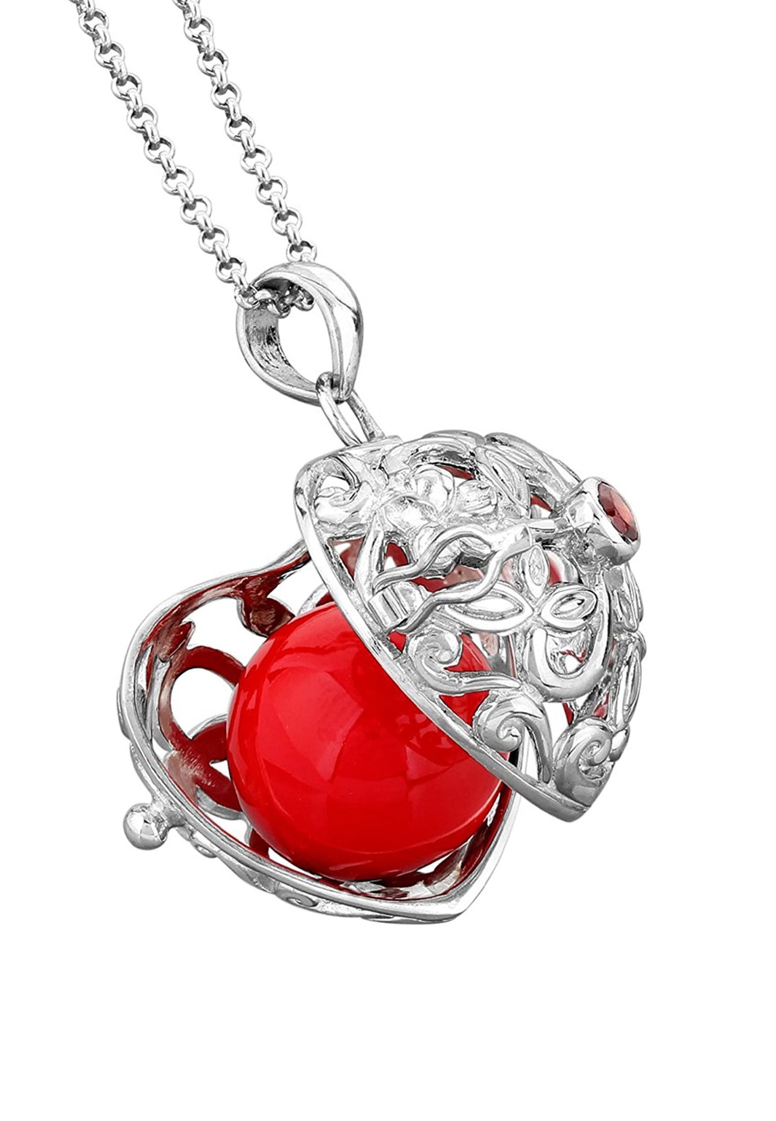 Nenalina Lange Kette »Halskette Herz Klangkugel Granat Ornament 925 Silber«