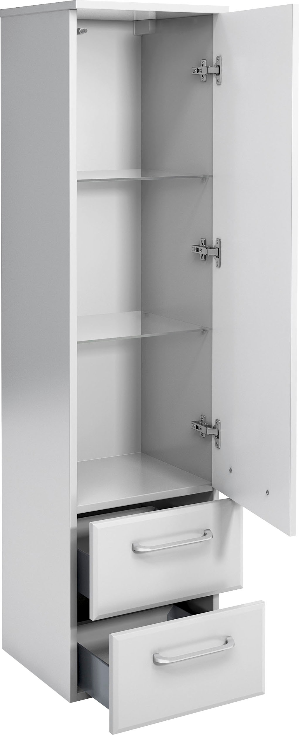 Saphir Midischrank »Quickset Badschrank 35 cm breit, 1 Tür, 2 Schubladen, 2 Einlegeböden«, Badezimmer-Midischrank inkl. Türdämpfer, Griffe in Chrom glänzend