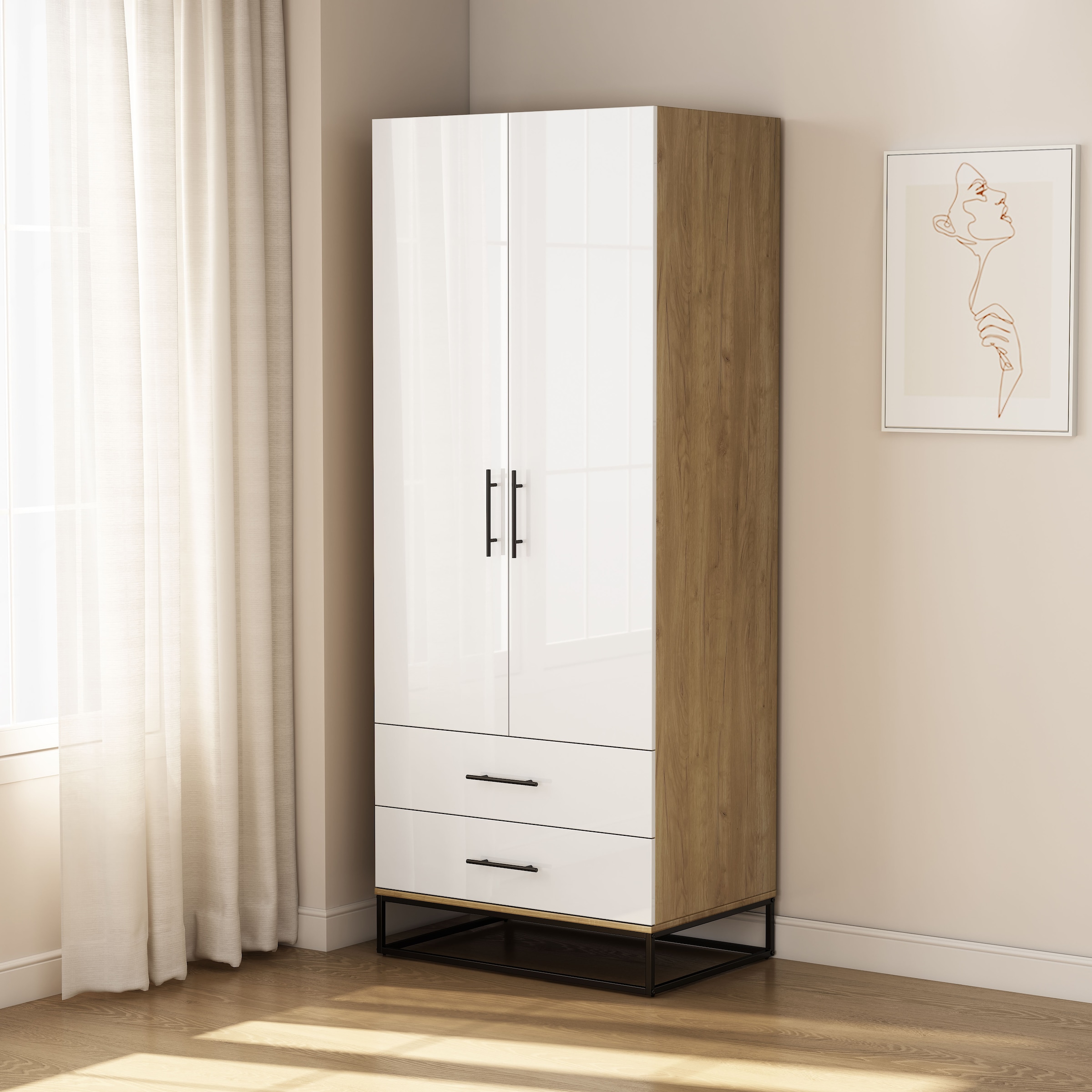 OTTO home Kleiderschrank »Lucca Schlafzimmerschrank Garderobe hochglanz Bestseller« Hochwertige schwarze Griffe und Kufengestell,  Schlafzimmerschrank mit 2 Türen und 2 Schubladen, Breite 80cm