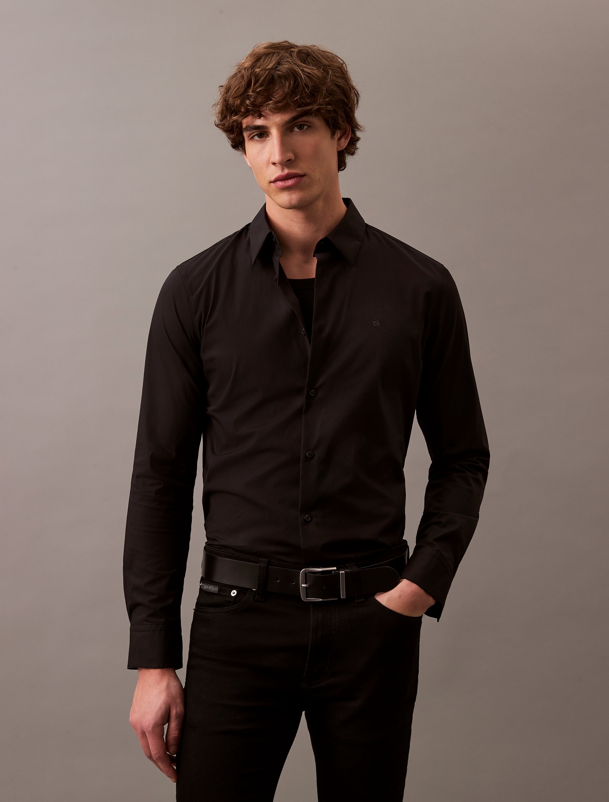 Calvin Klein Herren Langarmhemd »LONG SLEEVE SOLID STRETCH SLIM SHIRT« slim fit in schwarz, Größe XL