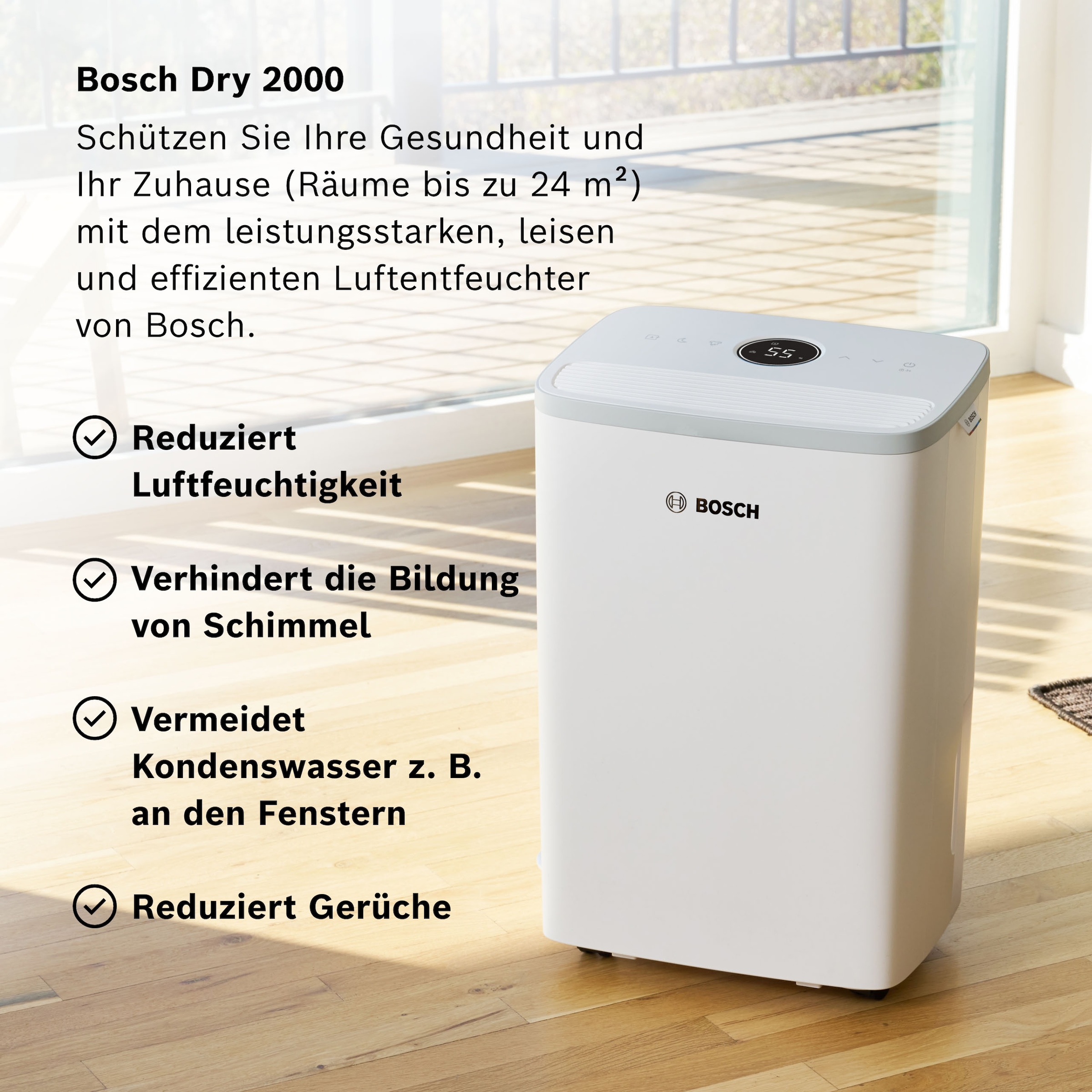BOSCH Luftentfeuchter »Dry 2000 - Ideal für die Wohnung & schnelle Trocknung der Wäsche« Entfeuchtung 12 l/Tag Tank 2,5 l Ultra-leiser Betrieb; nur 35 dB(A)