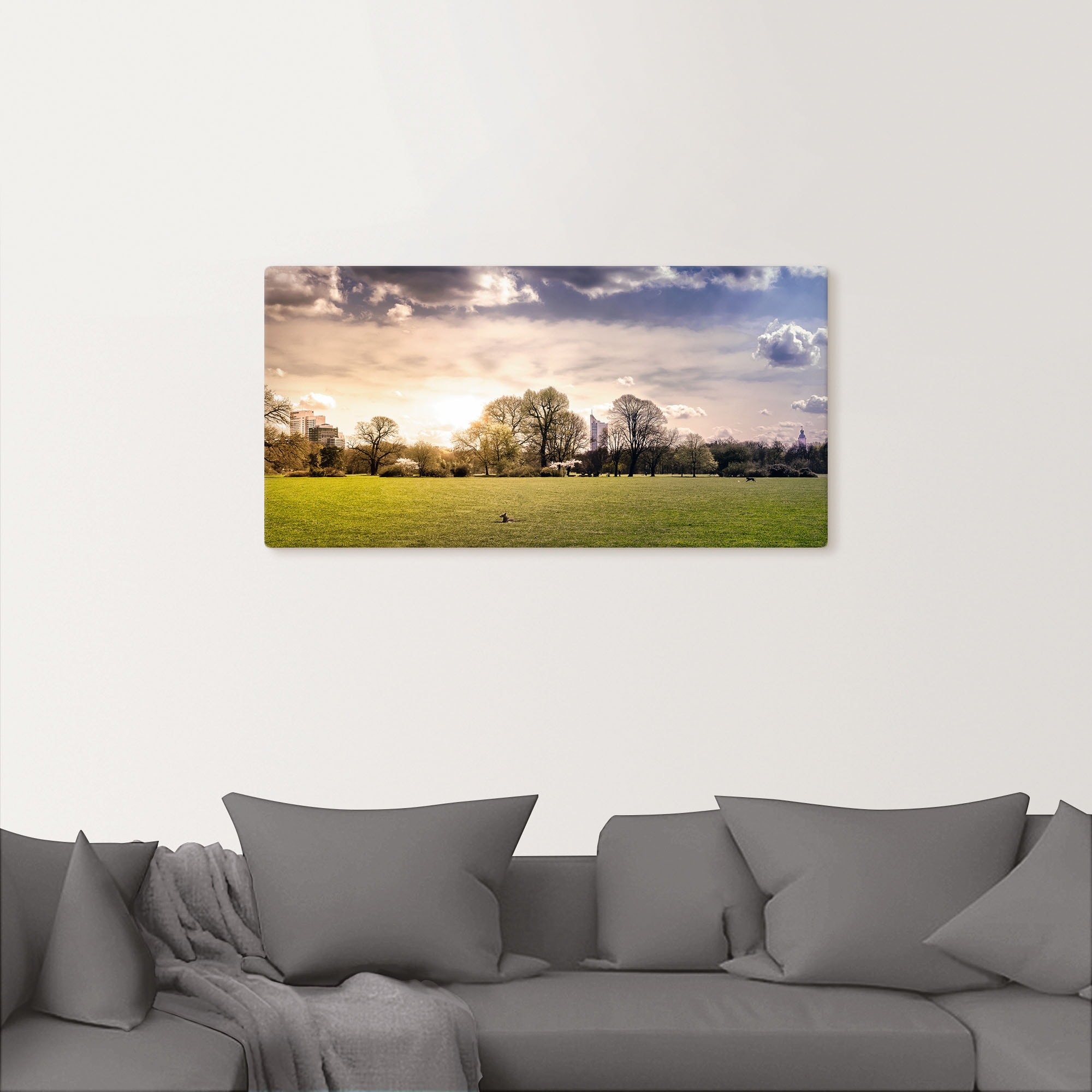 Artland Wandbild »Rosentalwiese Leipzig mit Hund & Skyline«, Wiesen & Baumbilder, (1 St.), als Alubild, Leinwandbild, Wandaufkleber oder Poster in versch. Größen