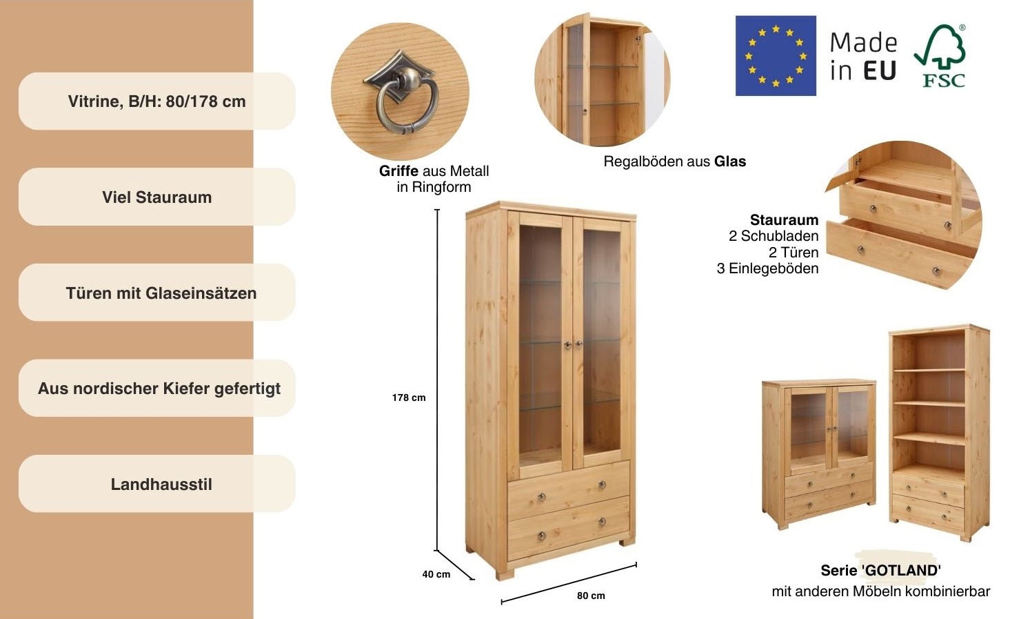 Home affaire Vitrine »Gotland«, Breite 80 cm, Höhe 178 cm, mit Glastüren, aus massiver Kiefer, FSC®
