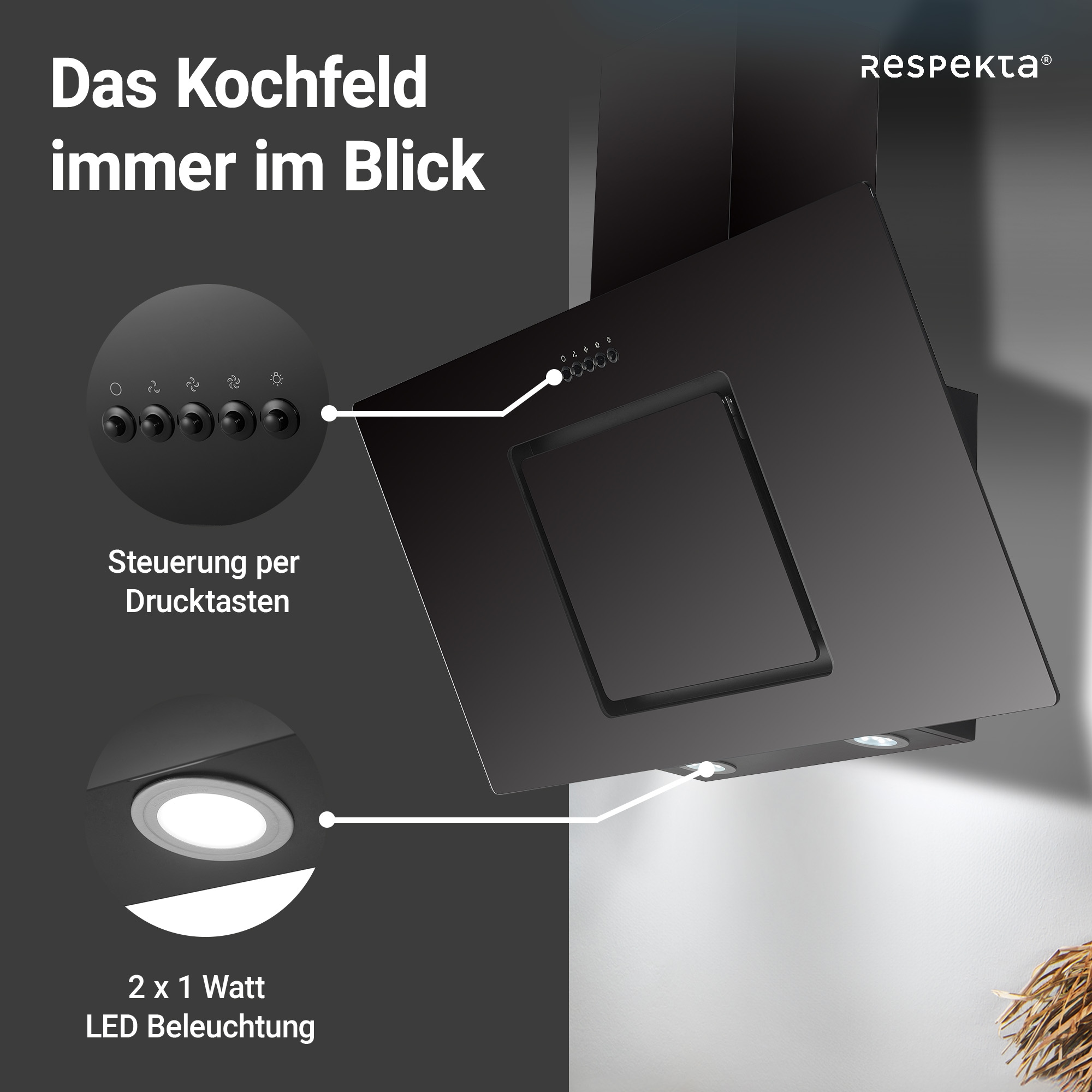 RESPEKTA Kopffreihaube »CH 22010«, 90 cm, 3 Leistungsstufenm, LED-Beleuchtung, Ab- und Umluftfähig