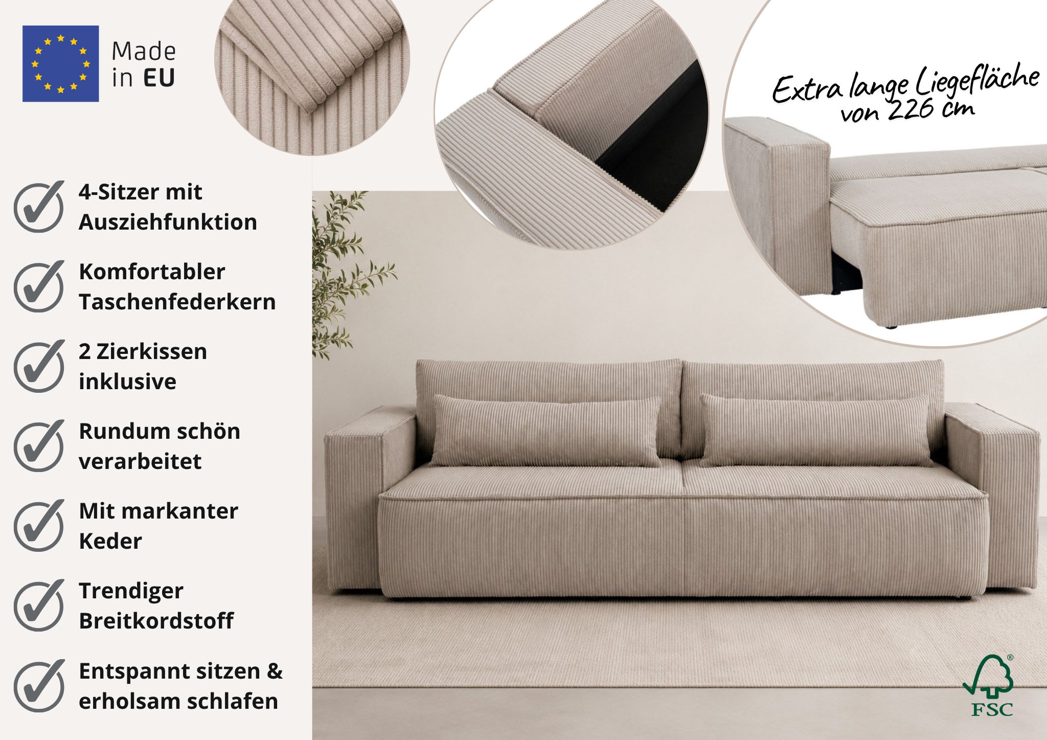 OTTO home 4-Sitzer »Tillian, Schlafsofa, Schlafcouch« Breite 274 cm, Breitkord, Sitzfläche mit Taschenfederkern