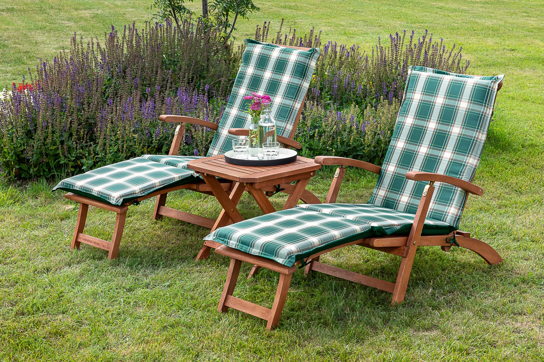MERXX Gartensessel »Deckchair«, (Set, 5 St., 2x Sessel, 2x Auflage, 1x Klapphocker), inkl. Wendeauflage und Klapphocker