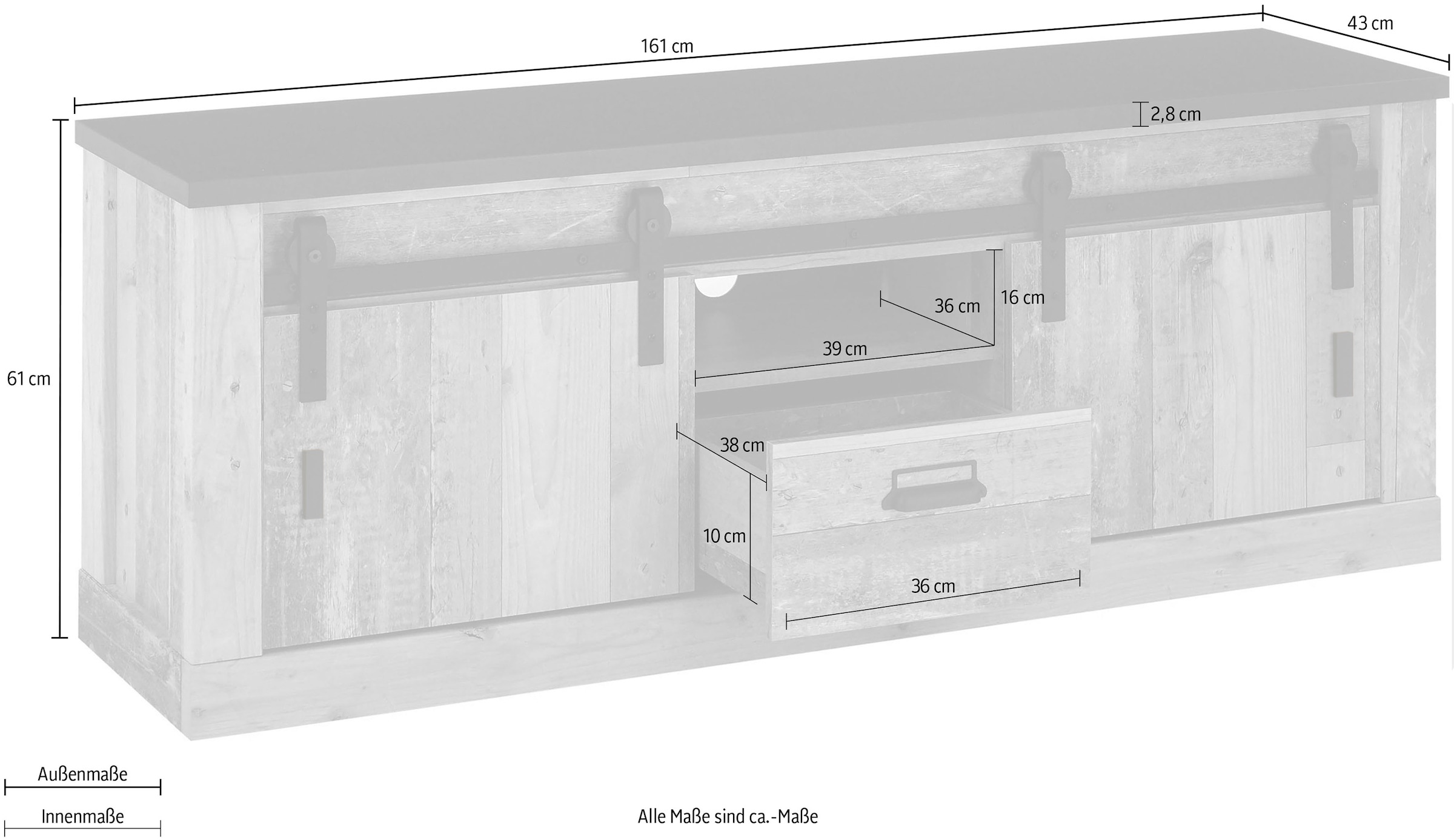 Home affaire Lowboard »SHERWOOD«, Holz Dekor, mit Scheunentorbeschlag und Apothekergriff, Breite 162 cm