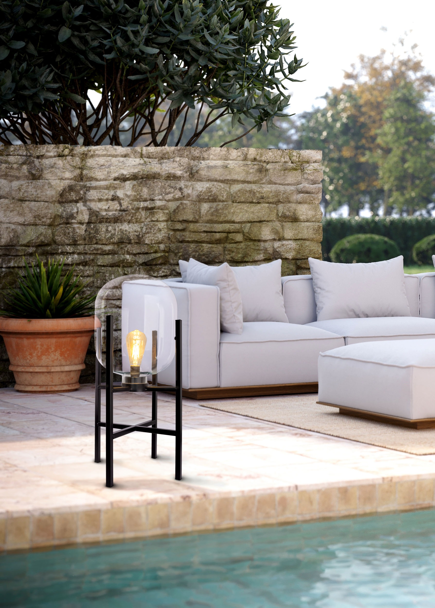 näve LED Sockelleuchte »Lora« LED-Modul 1 Stk. Warmweiß Glasschirm, Akku, inkl. USB-C-Kabel 100cm,Timer, Schiebeschalter, IP44