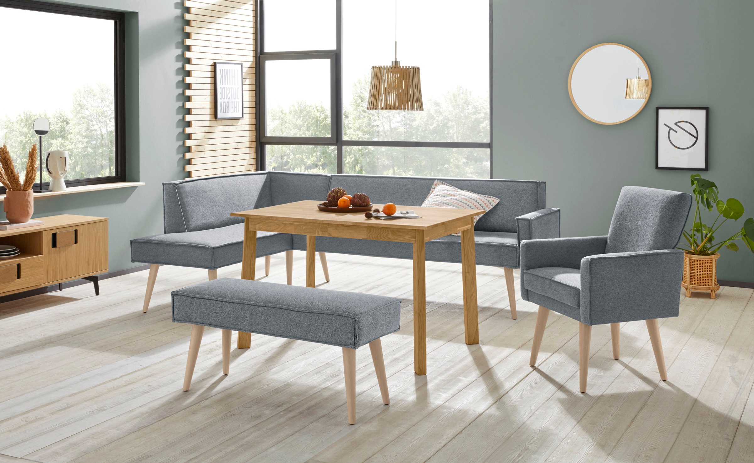 exxpo - sofa fashion Eckbank »Lungo, moderne Kedernaht, bequem und elegant, hoher Holzfuß«, hochwertige Detailverarbeitung, frei im Raum stellbar