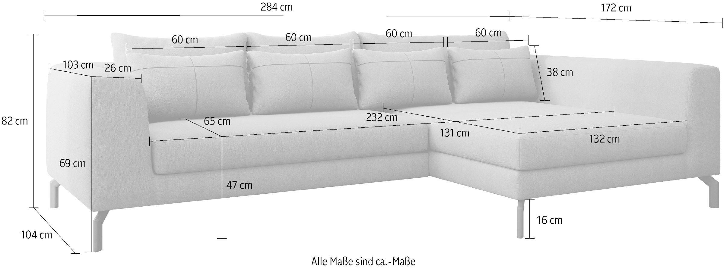 INOSIGN Ecksofa »Cross, mit softem Sitz, L-Form, wendbare Zierkissen, Breite 284 cm«, Couch mit vielen Kissen, stylische Kreuznaht, elegante Metallfüße