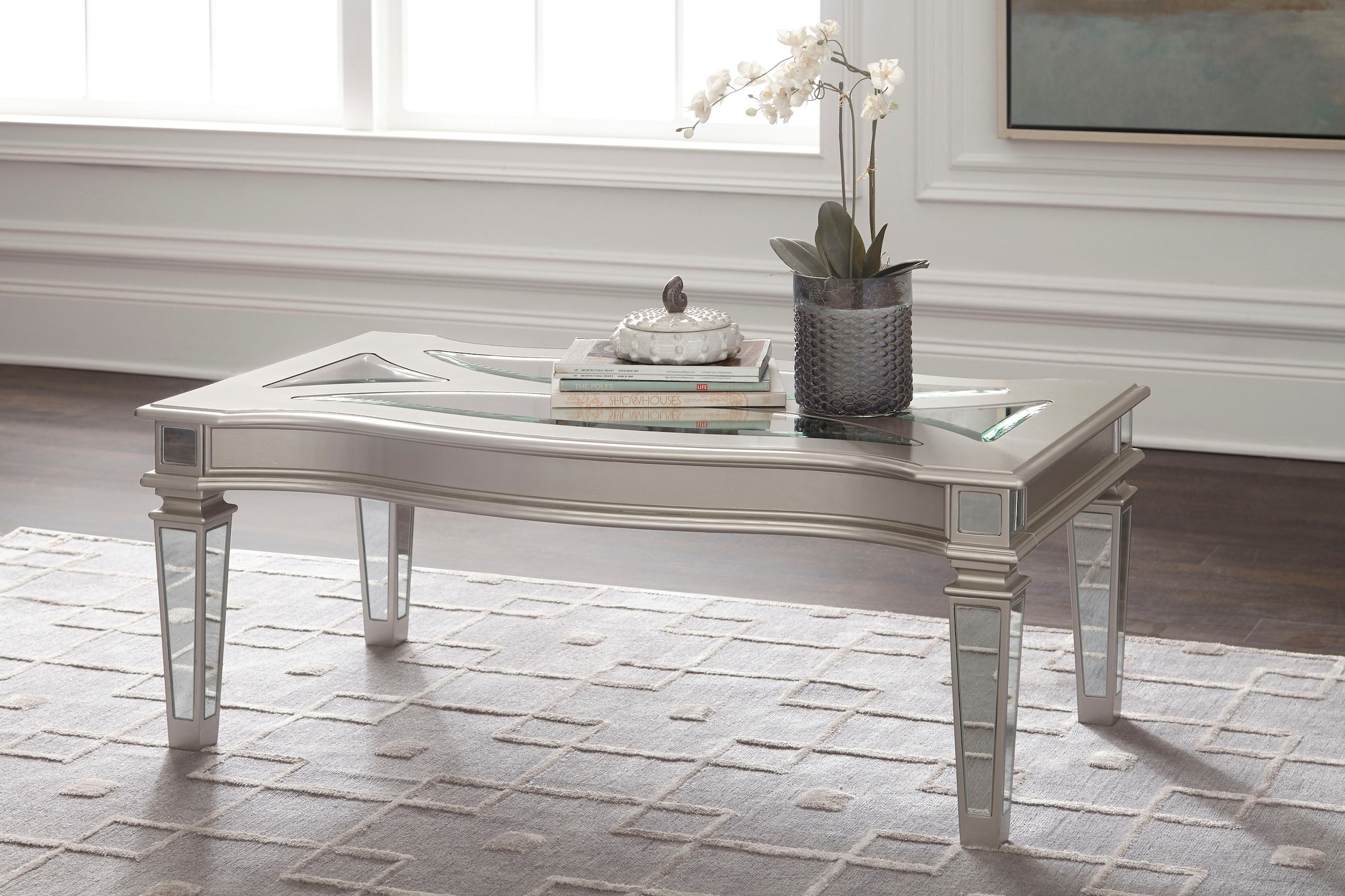 Leonique Couchtisch »Tessani«, Couchtisch, mattsilber, Spiegelinlays, Mosaikplatte, 122x66x47