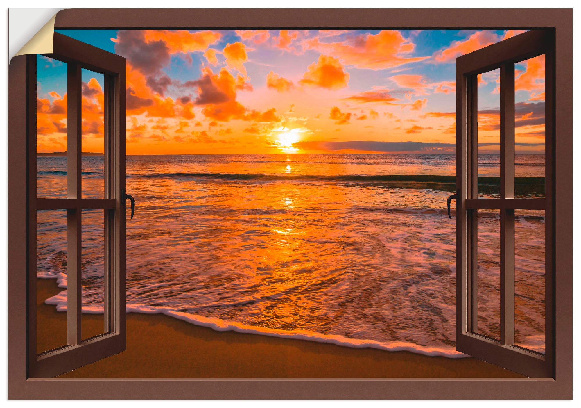 Wandbild »Fensterblick Sonnenuntergang am Strand«, Sonnenaufgang & -untergang, (1...